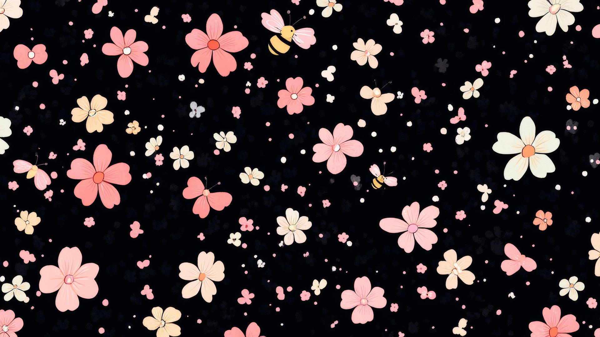 black cute wallpaper with tiny pastel flowers and a cartoon bee