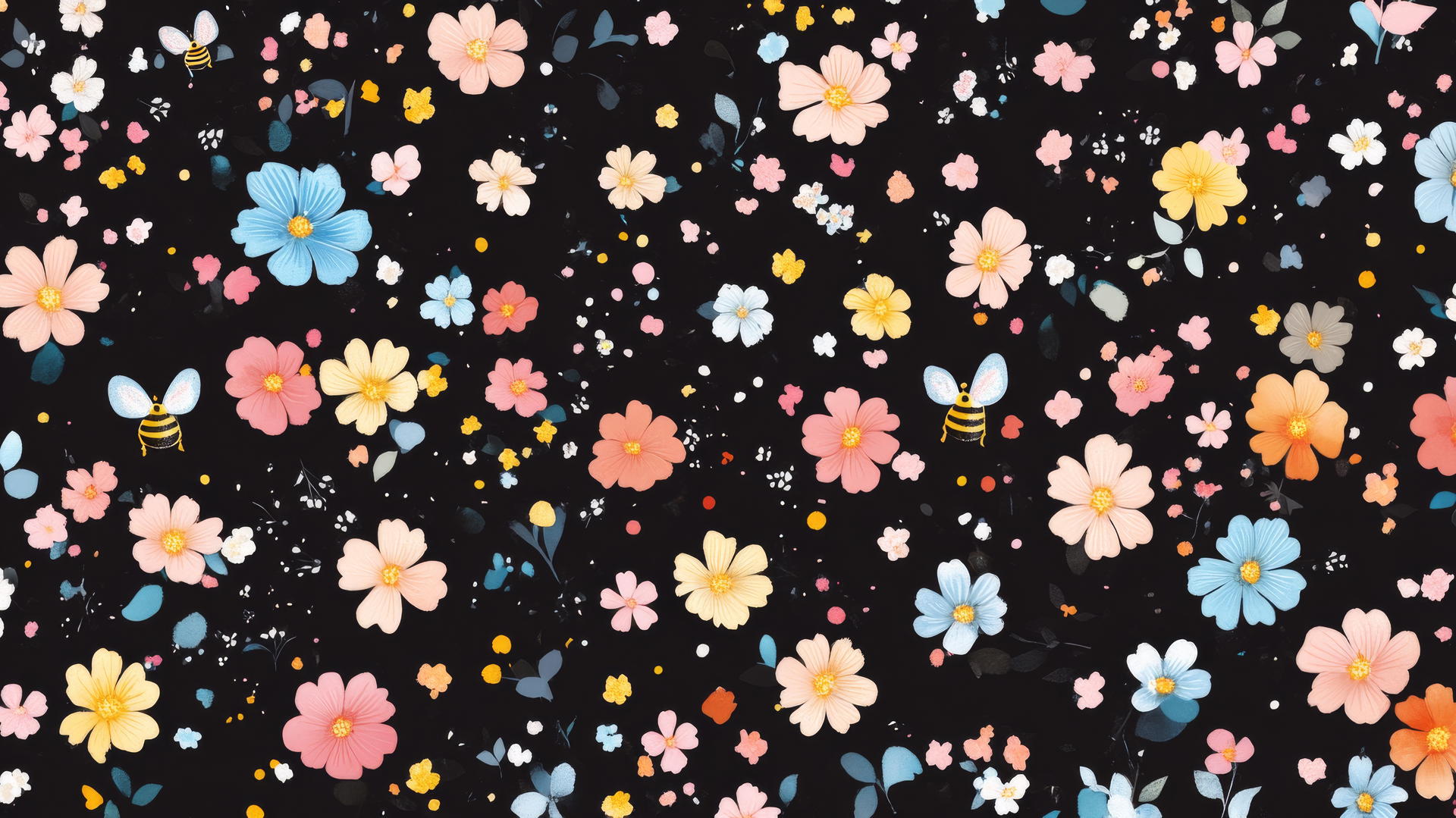 black cute wallpaper with tiny pastel-colored flowers and a cartoon bee