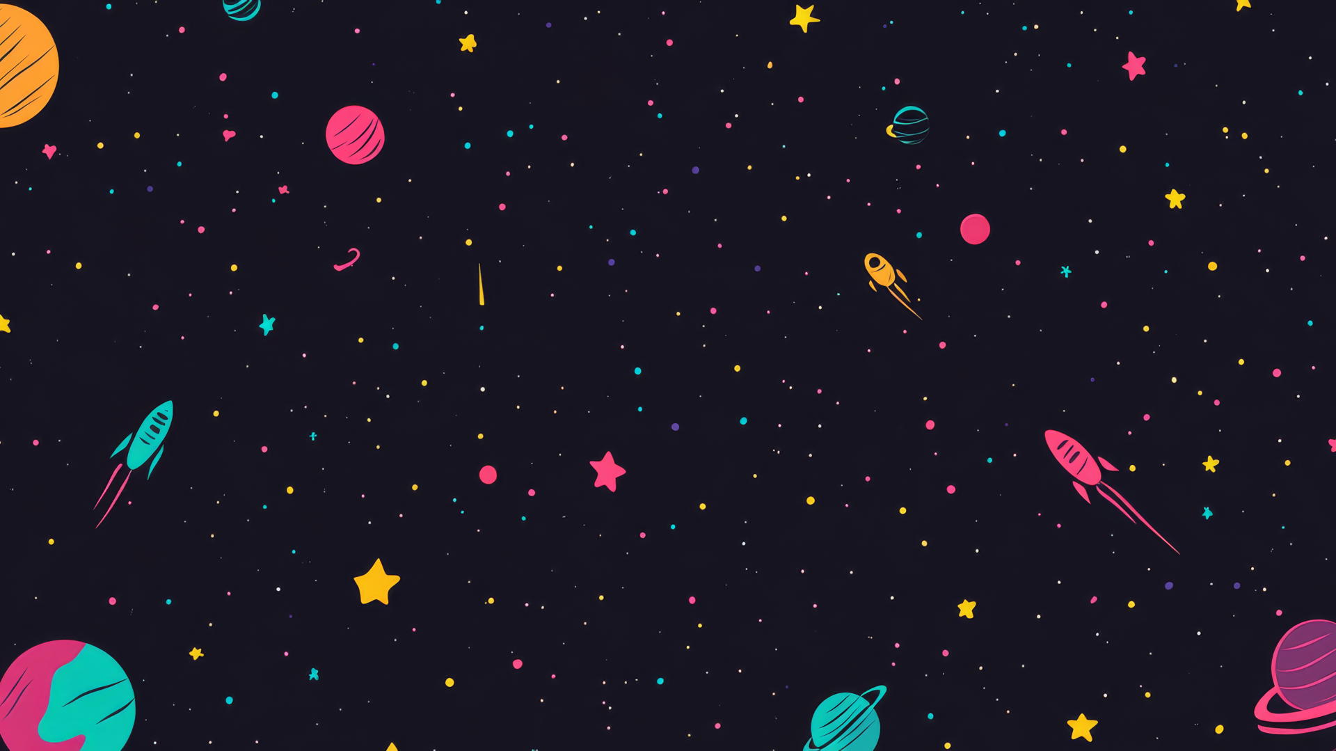 cute black wallpaper with neon-colored doodles of planets, rockets, and stars