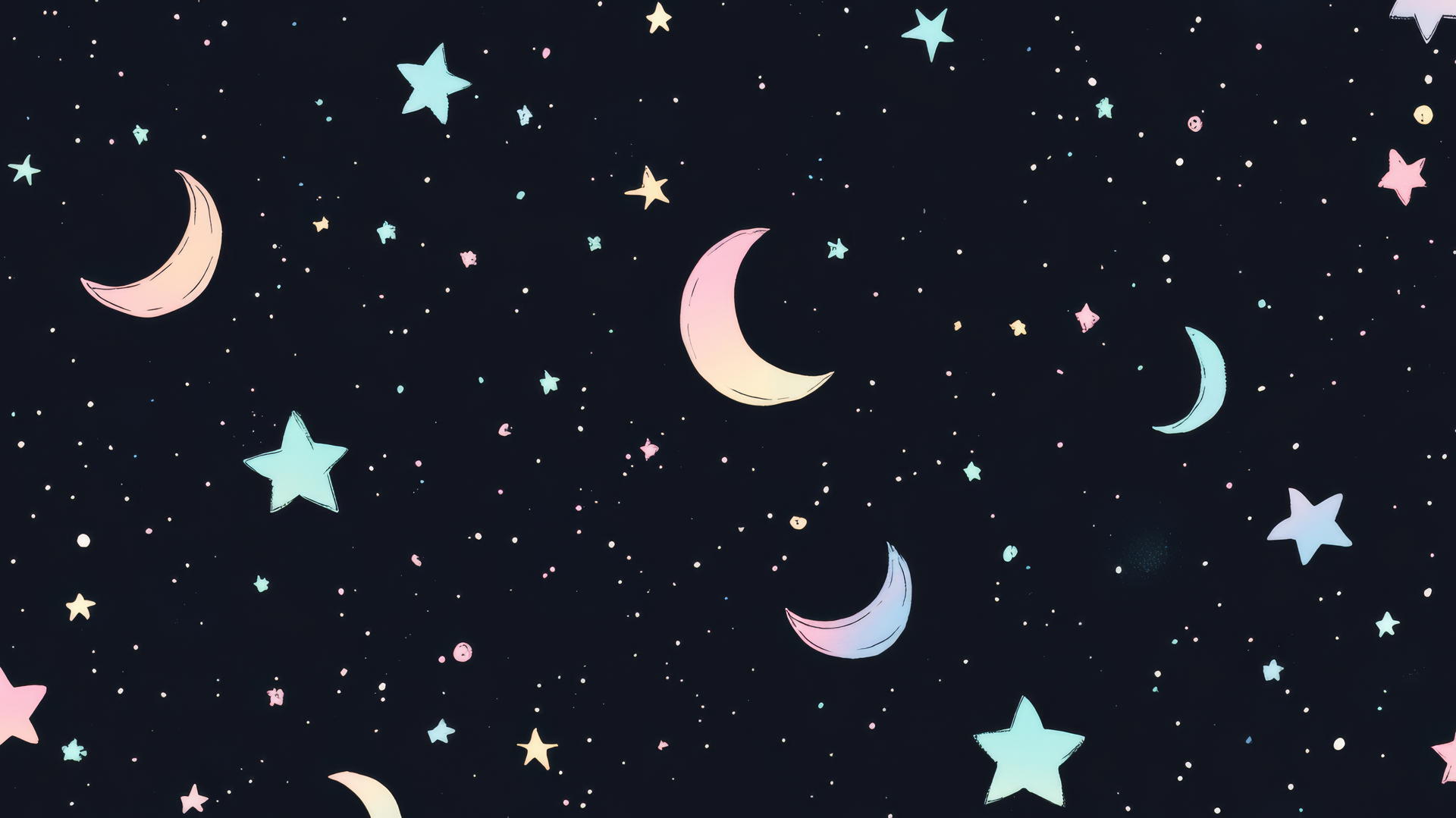 Cute black wallpaper with tiny pastel stars and moons
