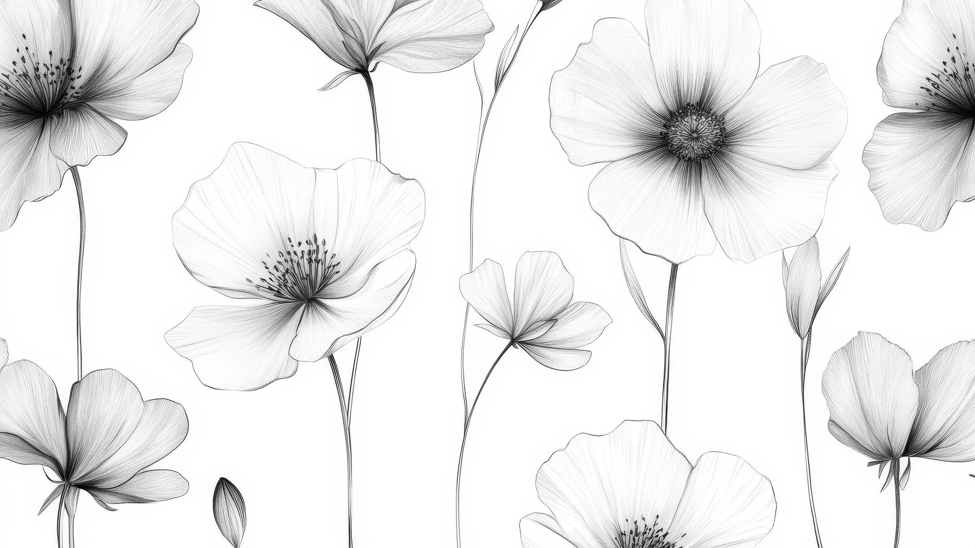 black and white floral wallpaper with single-line flower drawings
