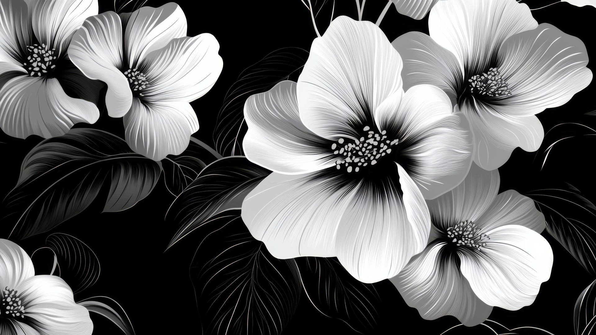 black and white floral wallpaper with geometric shapes and bold contrasts