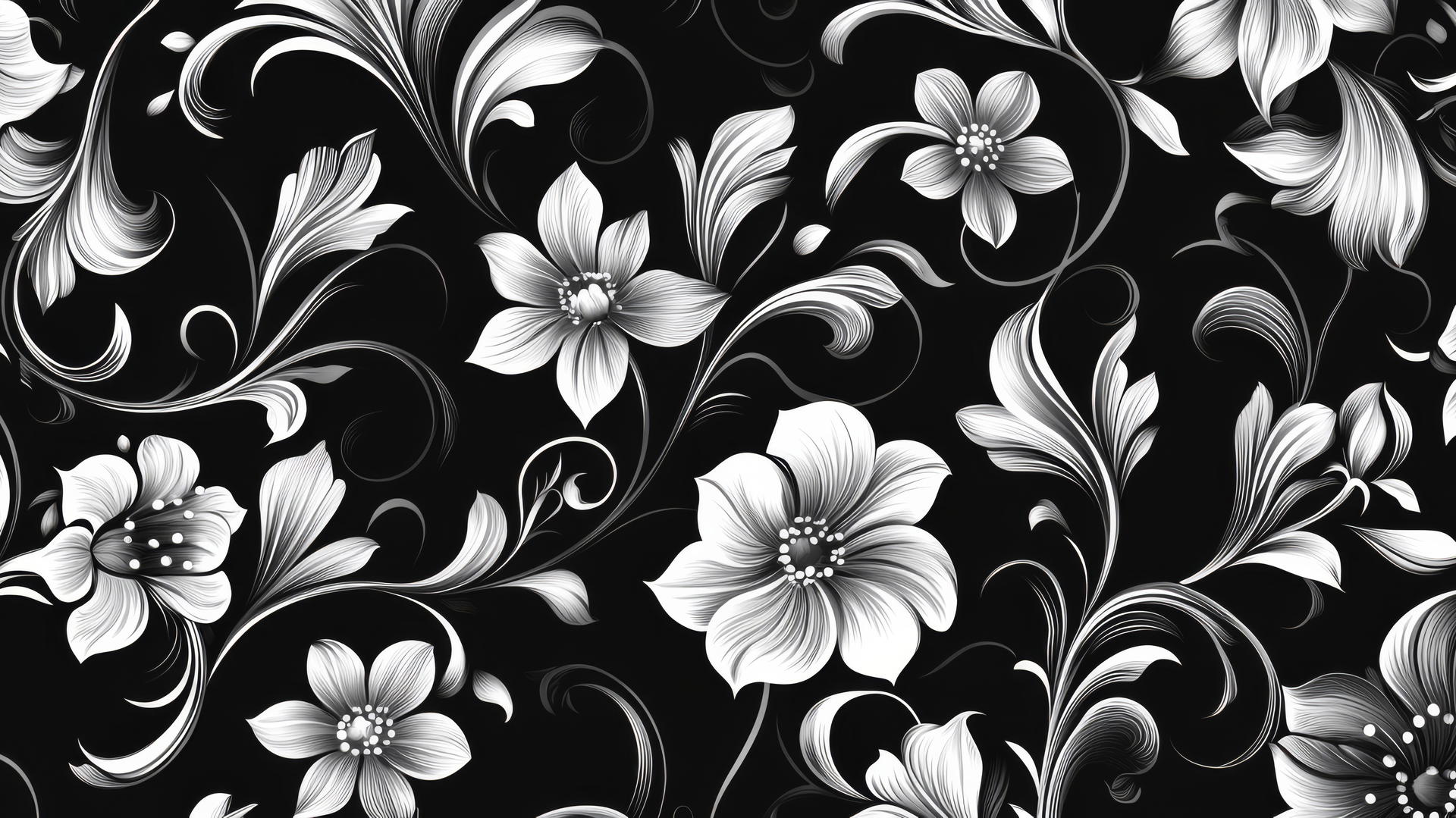 black and white floral wallpaper with stylized Art Nouveau pattern