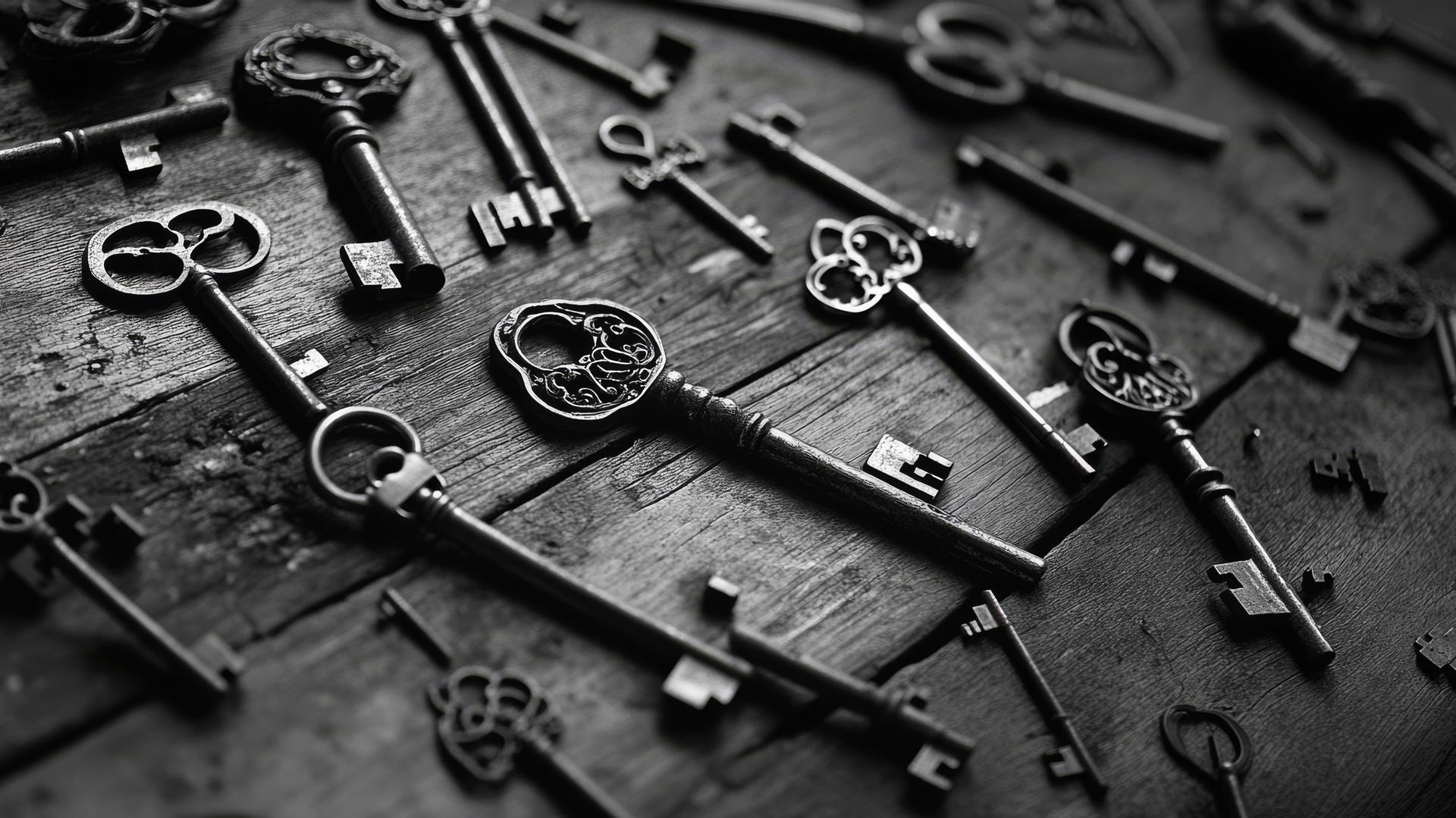 black and white aesthetic wallpaper with vintage keys on a rustic wooden table