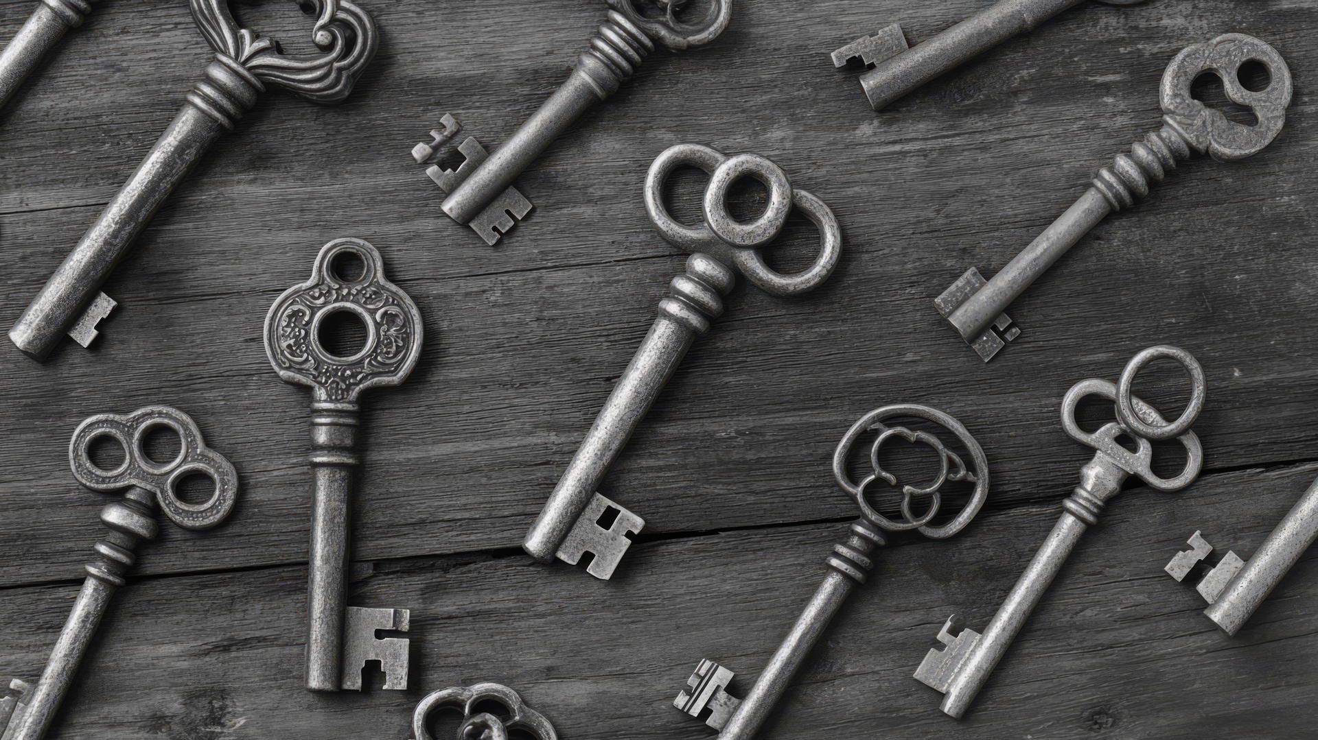 black and white aesthetic wallpaper of old-fashioned keys on rustic wood
