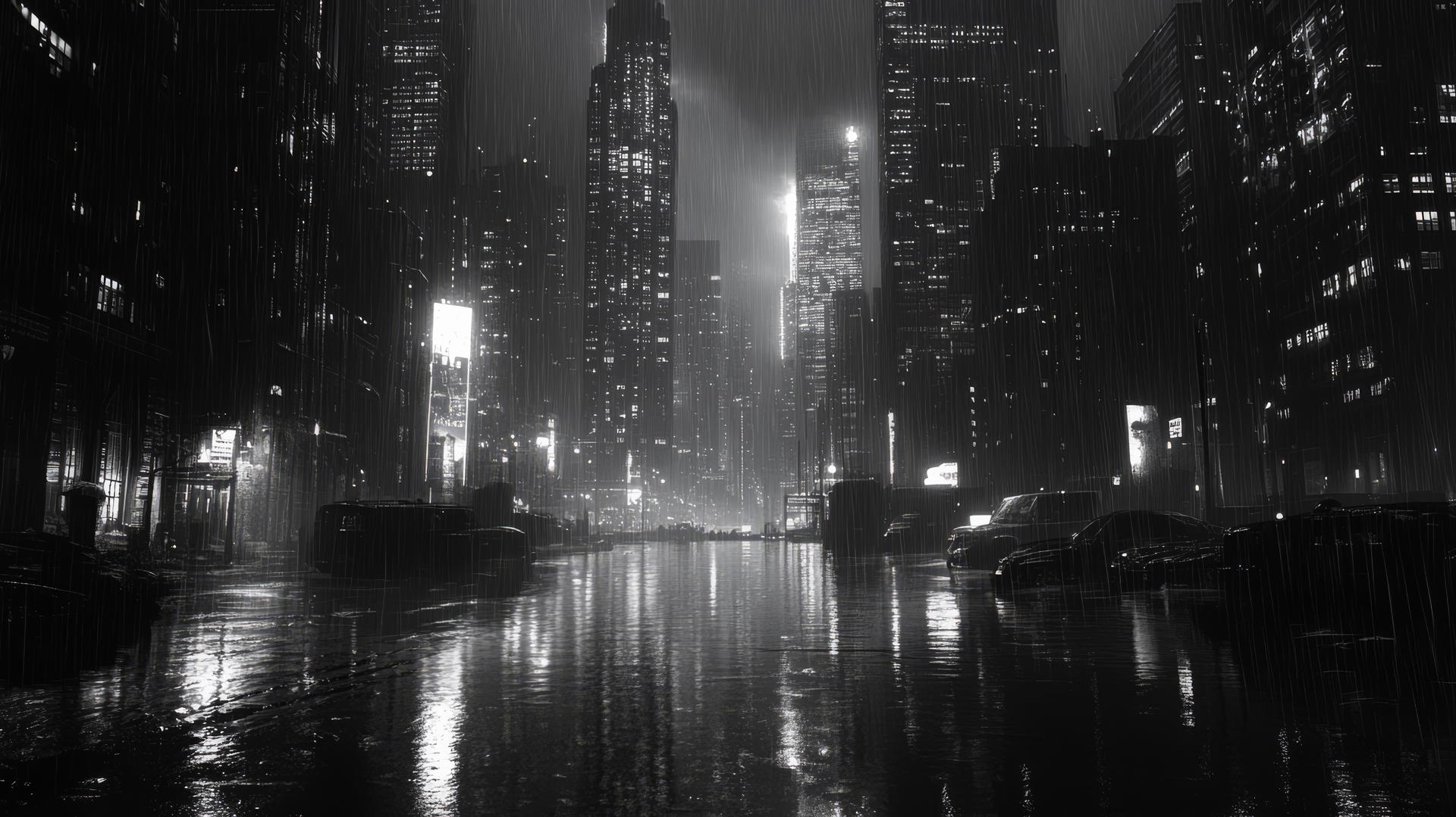 black and white wallpaper cityscape at night with skyscrapers and reflective wet streets