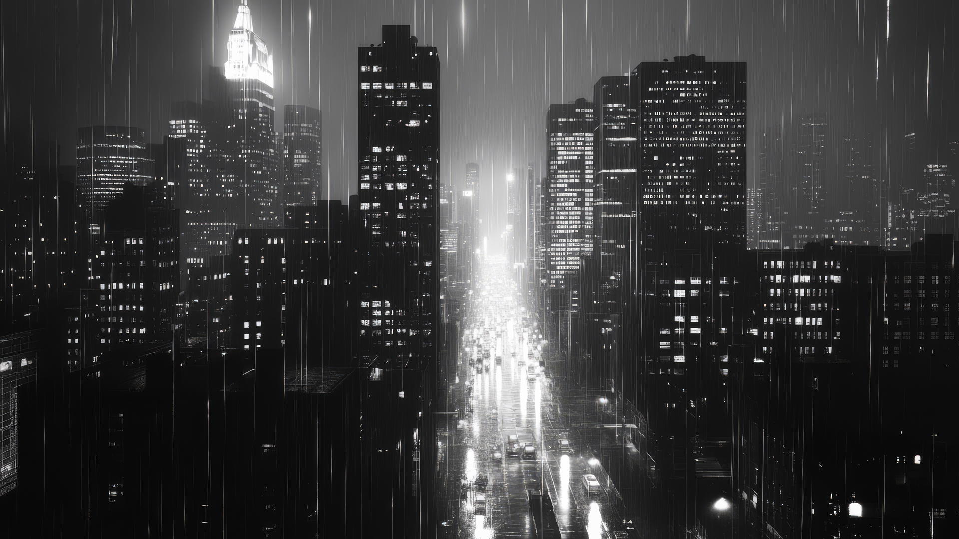 black and white wallpaper of a cityscape at night with skyscrapers and reflective streets