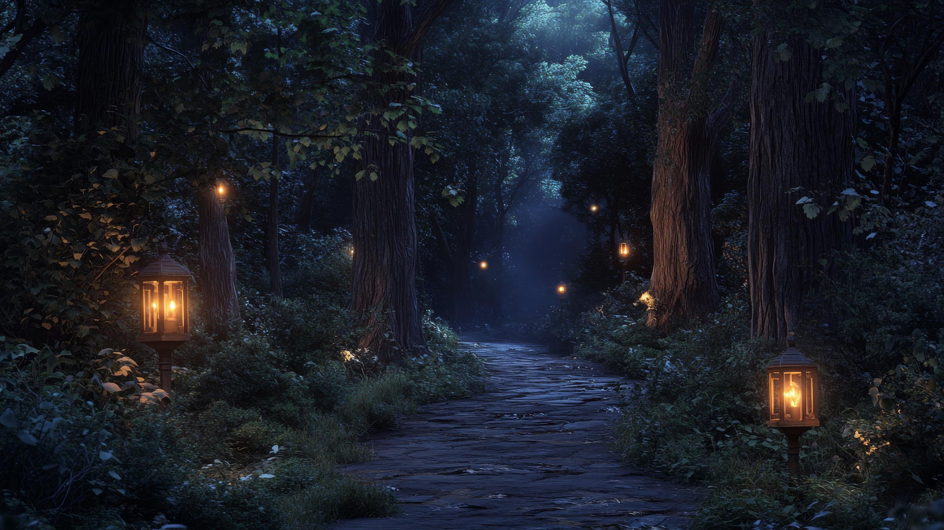aesthetic wallpaper black, serene forest path at night with glowing lanterns