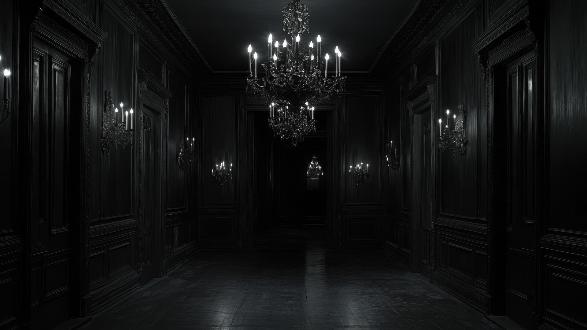 Aesthetic black wallpaper with an elegant chandelier in grand hall
