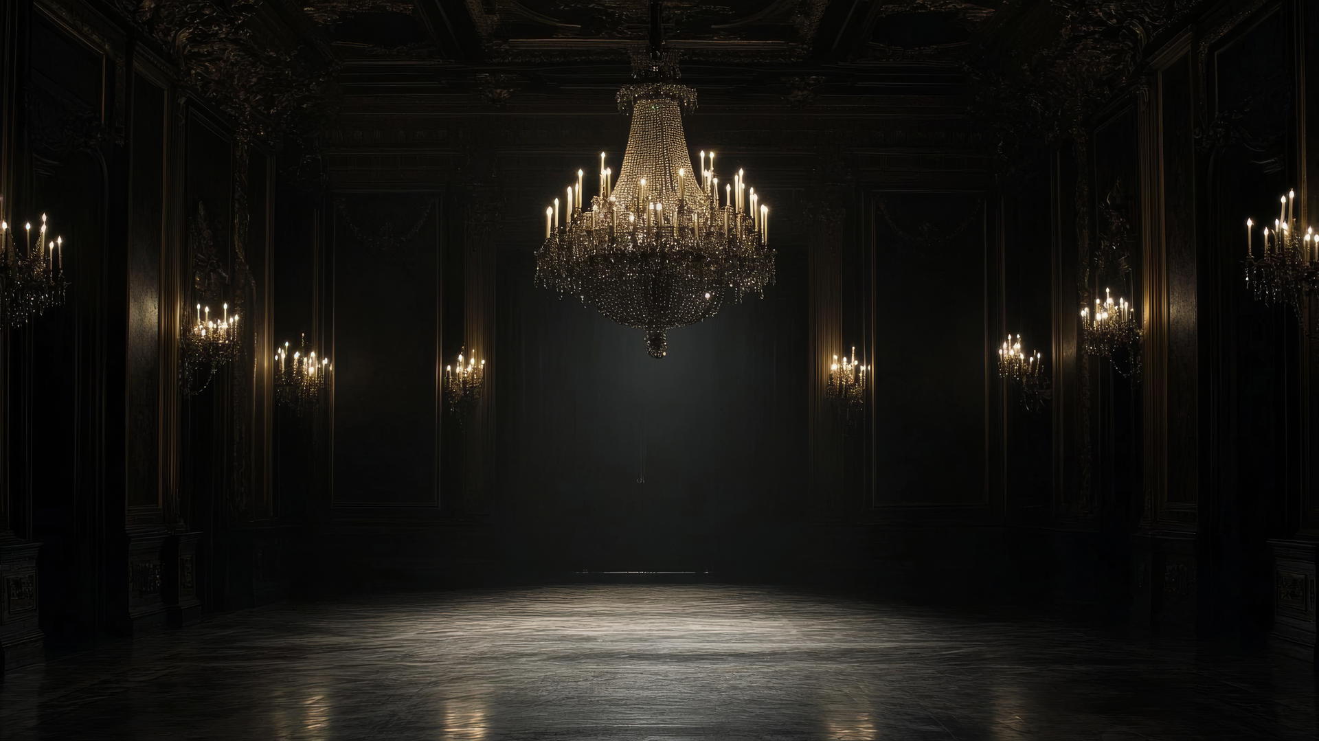 elegant chandelier with faint glow in grand dark hall, aesthetic black wallpaper
