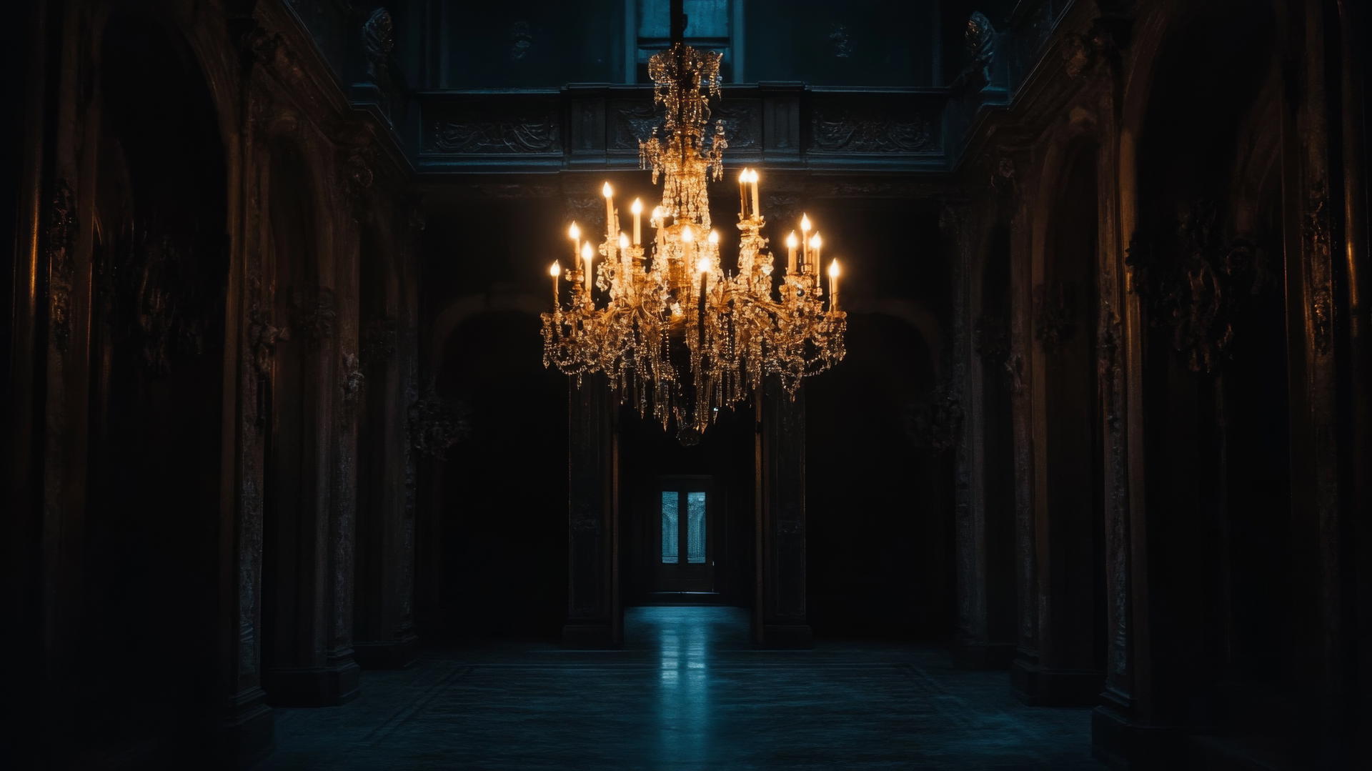 Aesthetic black wallpaper with an elegant chandelier faintly glowing in a dark grand hall