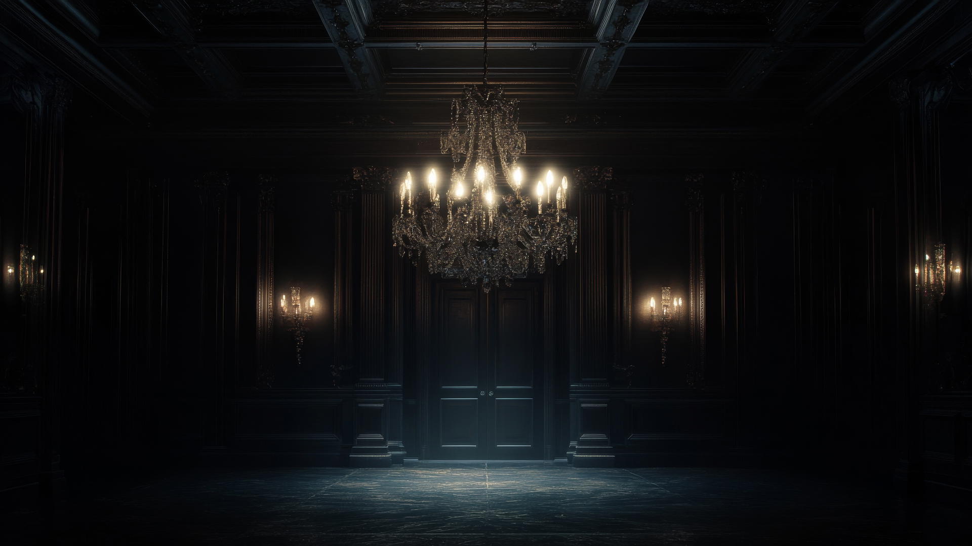 Aesthetic black wallpaper featuring an elegant chandelier in a dark grand hall