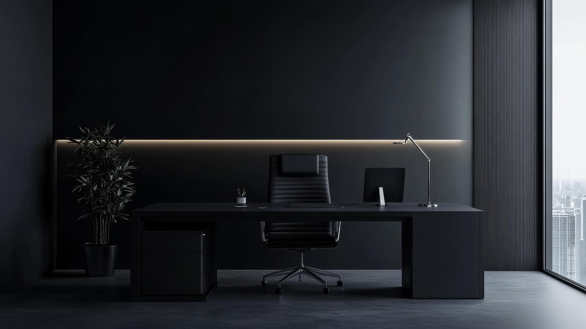 black wallpaper aesthetic workspace with black furniture and sleek decor
