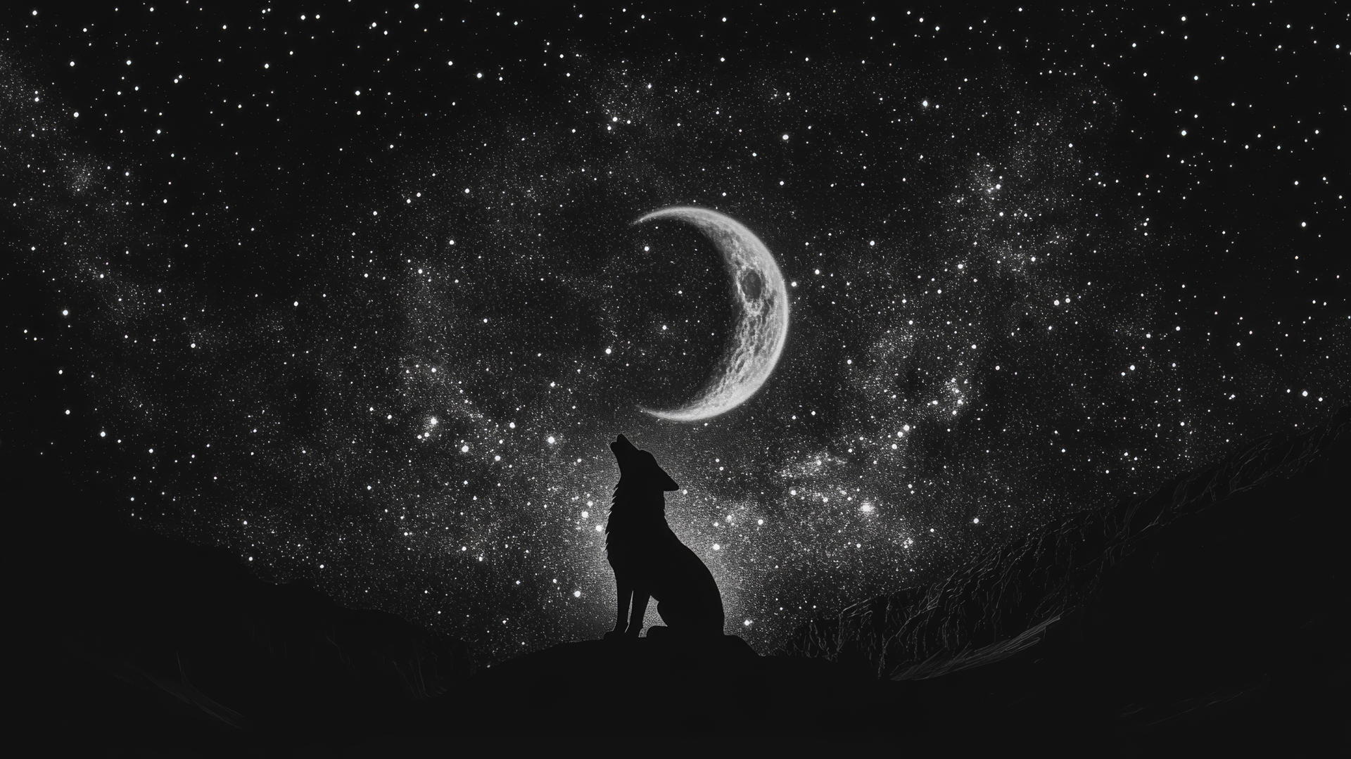 black aesthetic wallpaper with a silhouette of a lone wolf howling at a crescent moon