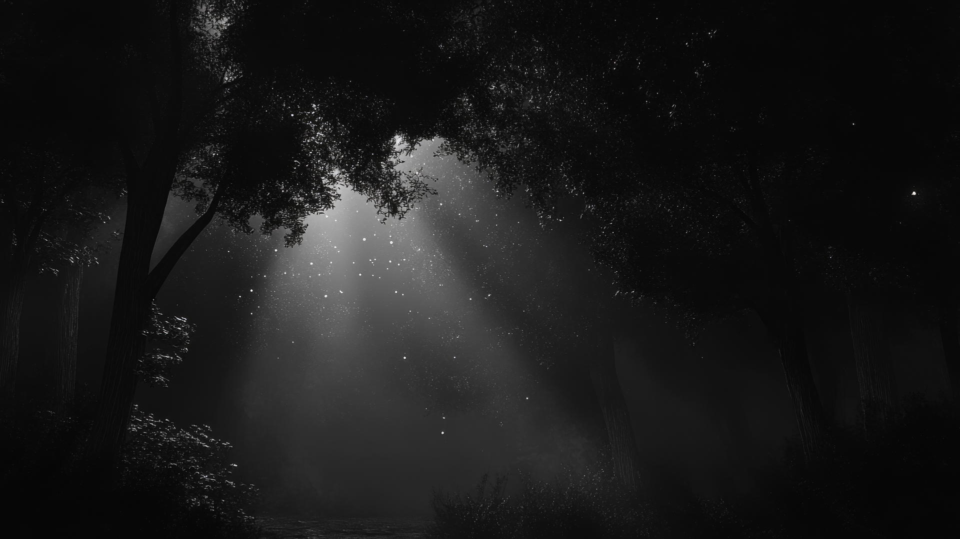 Black aesthetic wallpaper of a mysterious forest at night with barely visible trees and faint mist.