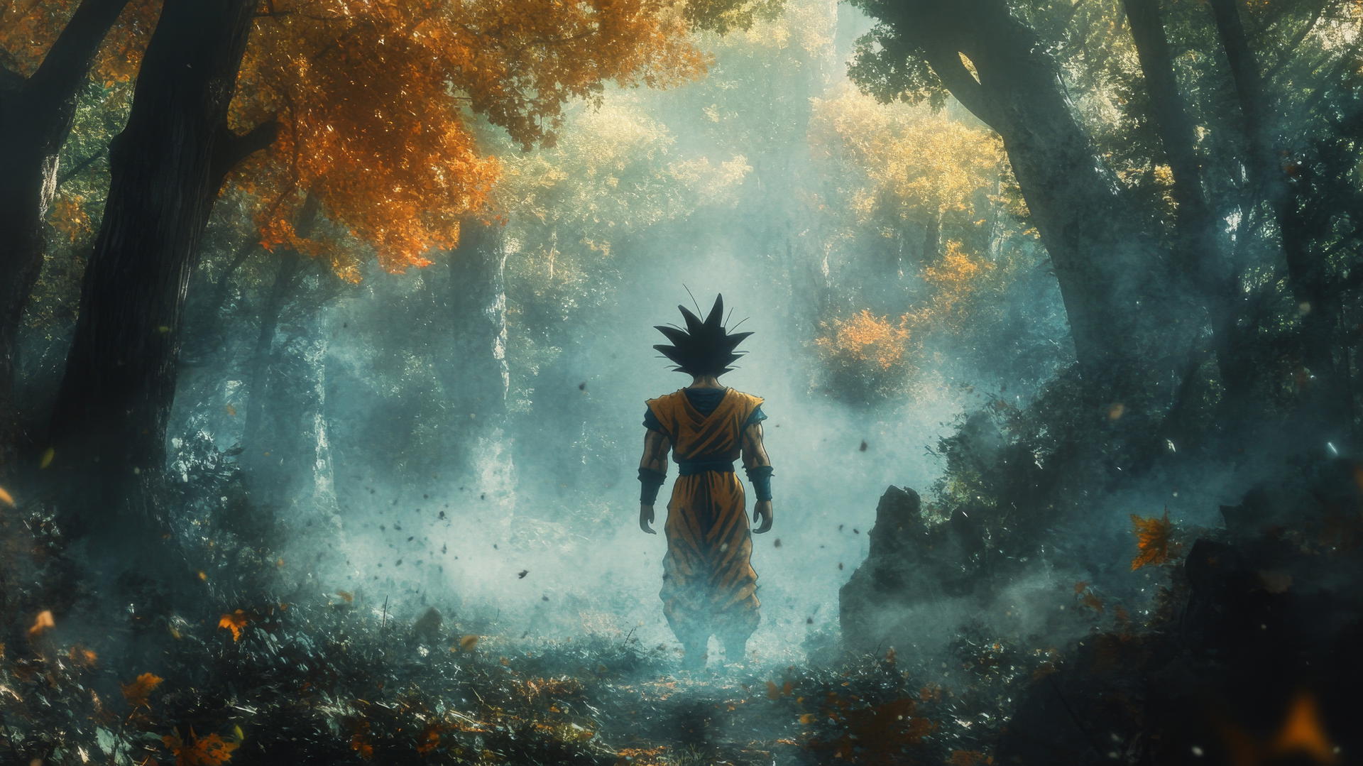Goku walking through fog in a haunted forest with ghostly figures.