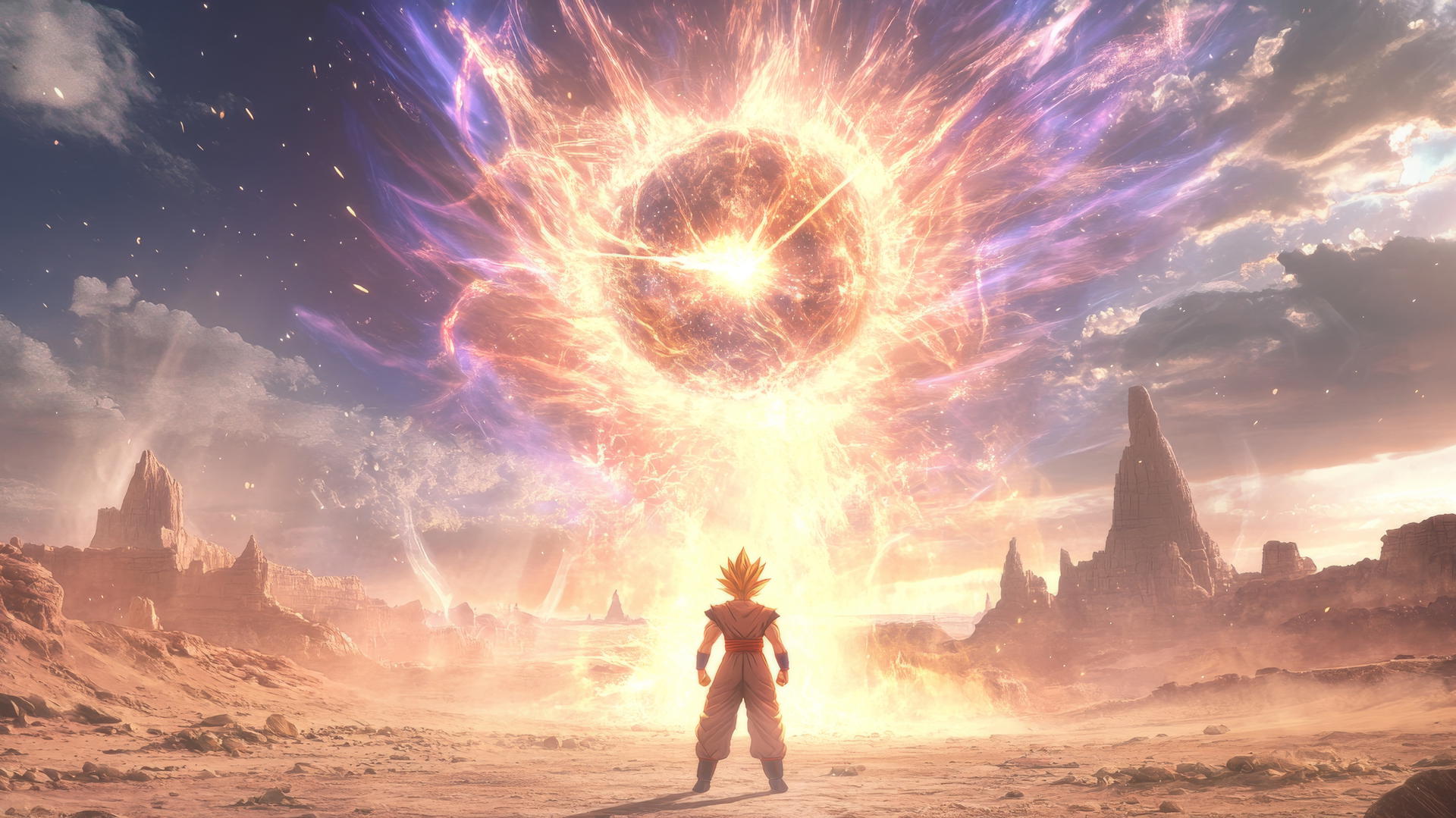 Goku unleashing a Spirit Bomb in a desert