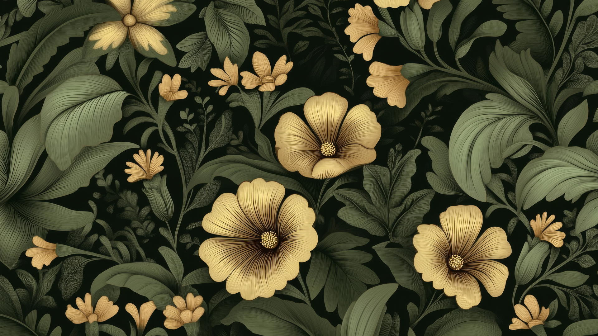green floral wallpaper with art deco-inspired flowers and leaves
