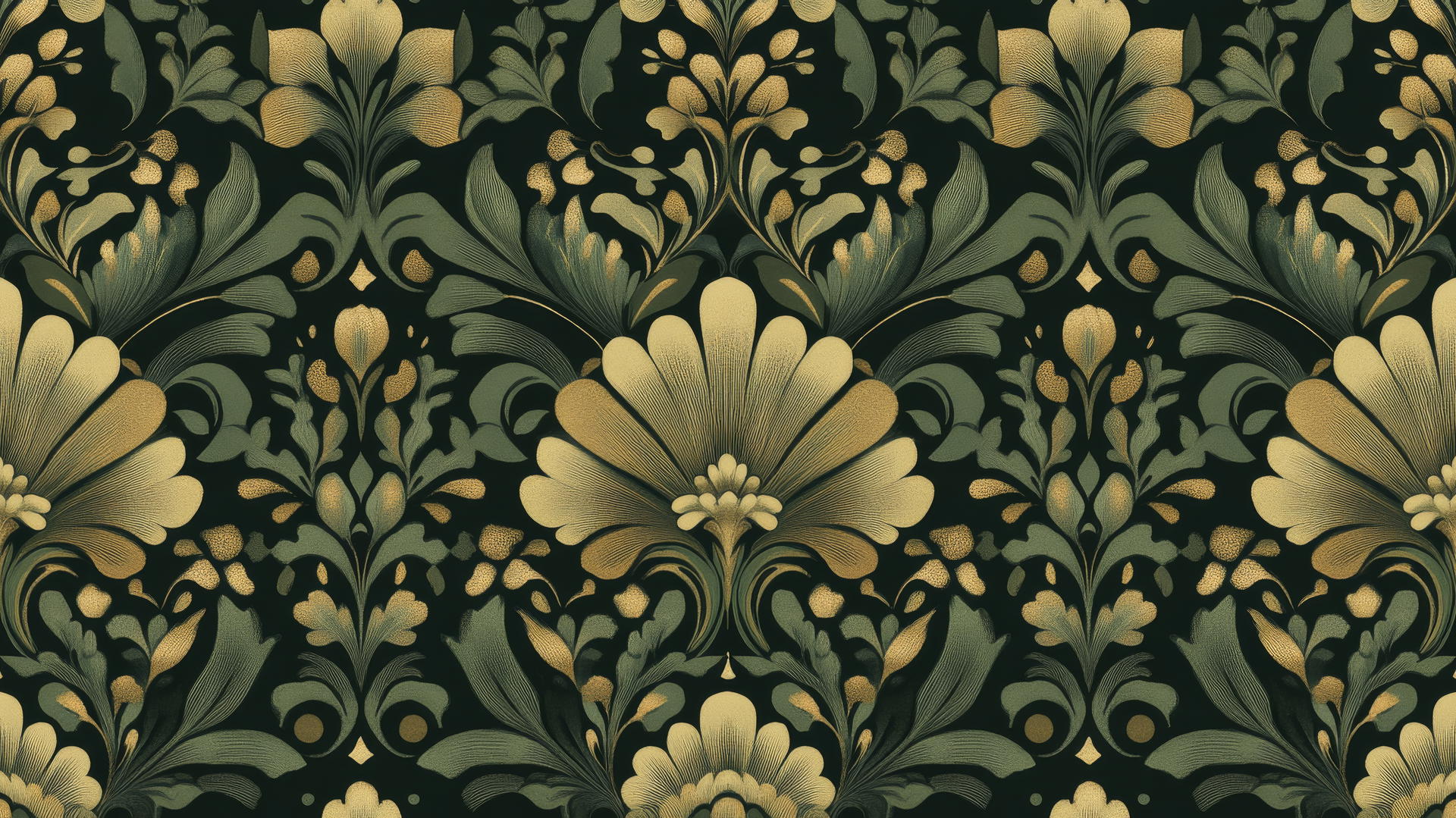 Green floral wallpaper with art deco flowers and leaves in dark green and gold on olive background