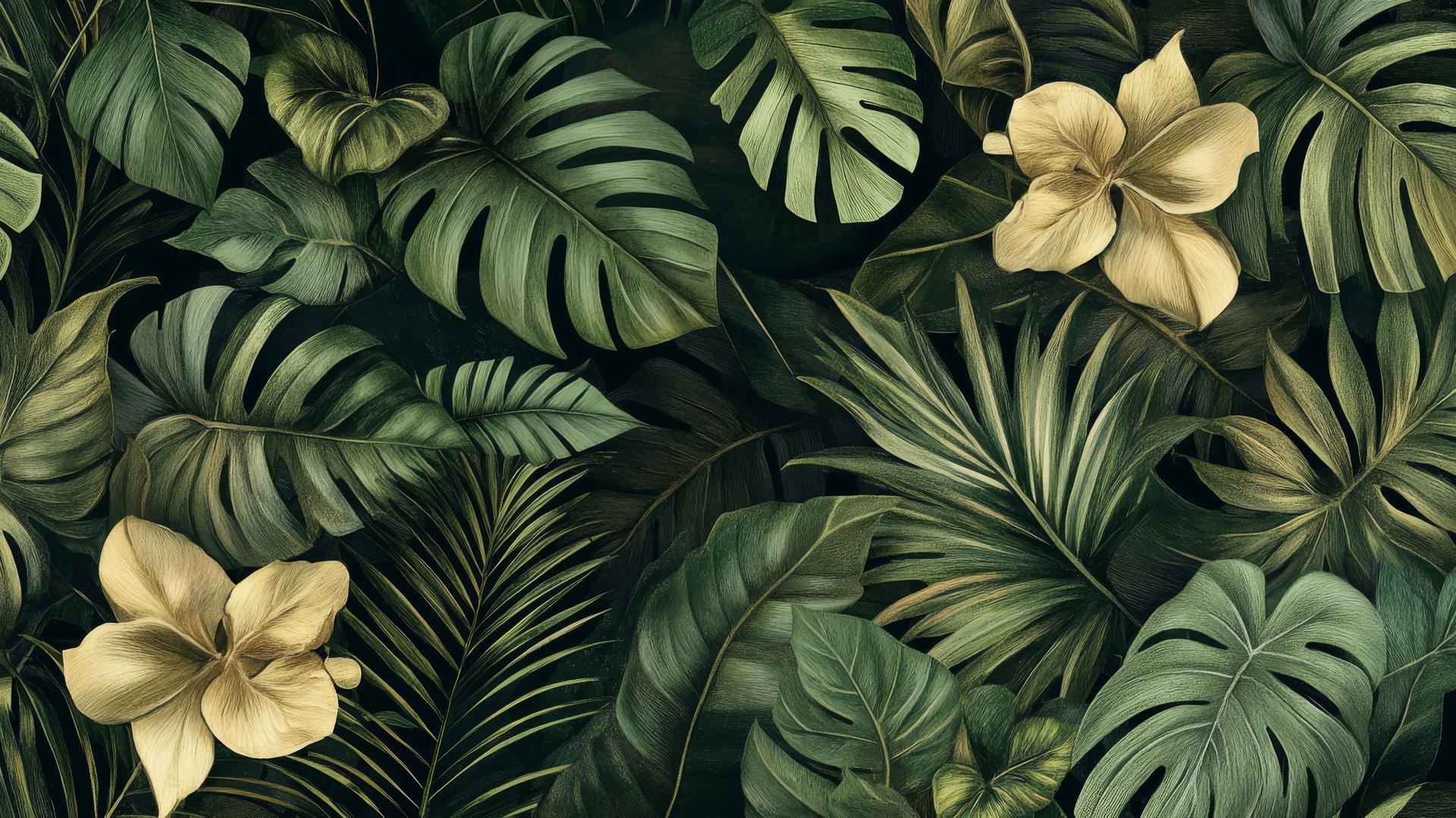 green floral wallpaper with hand-drawn tropical leaves and exotic flowers