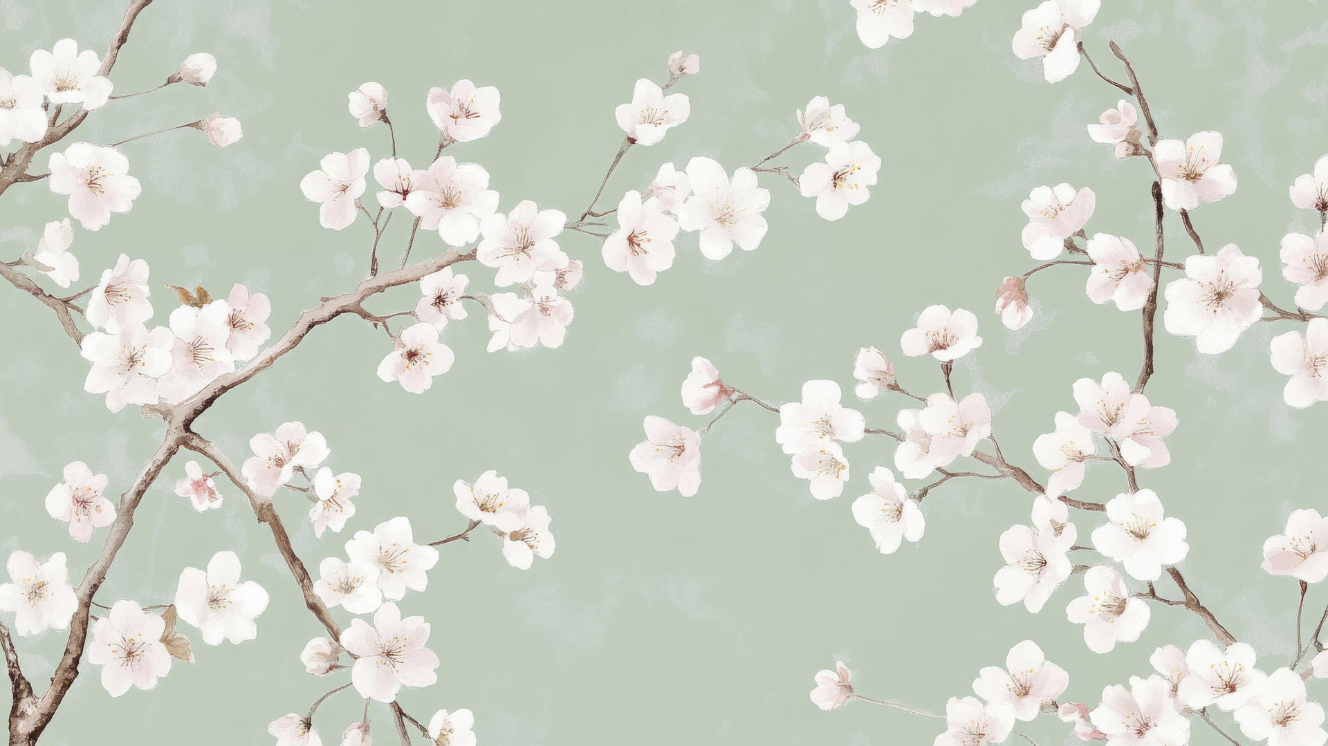 Green floral wallpaper with cherry blossom branches