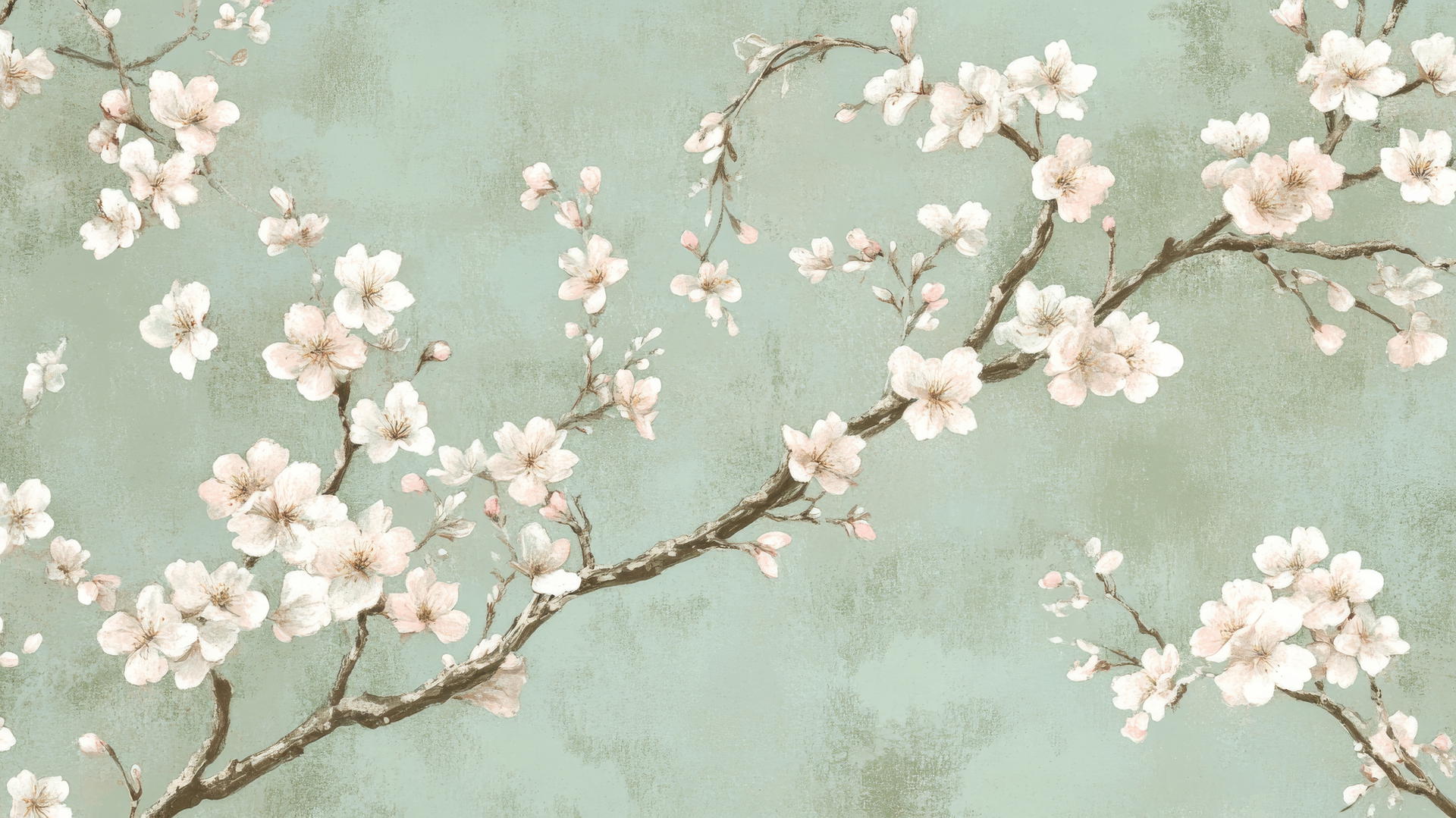 green floral wallpaper with cherry blossom branches