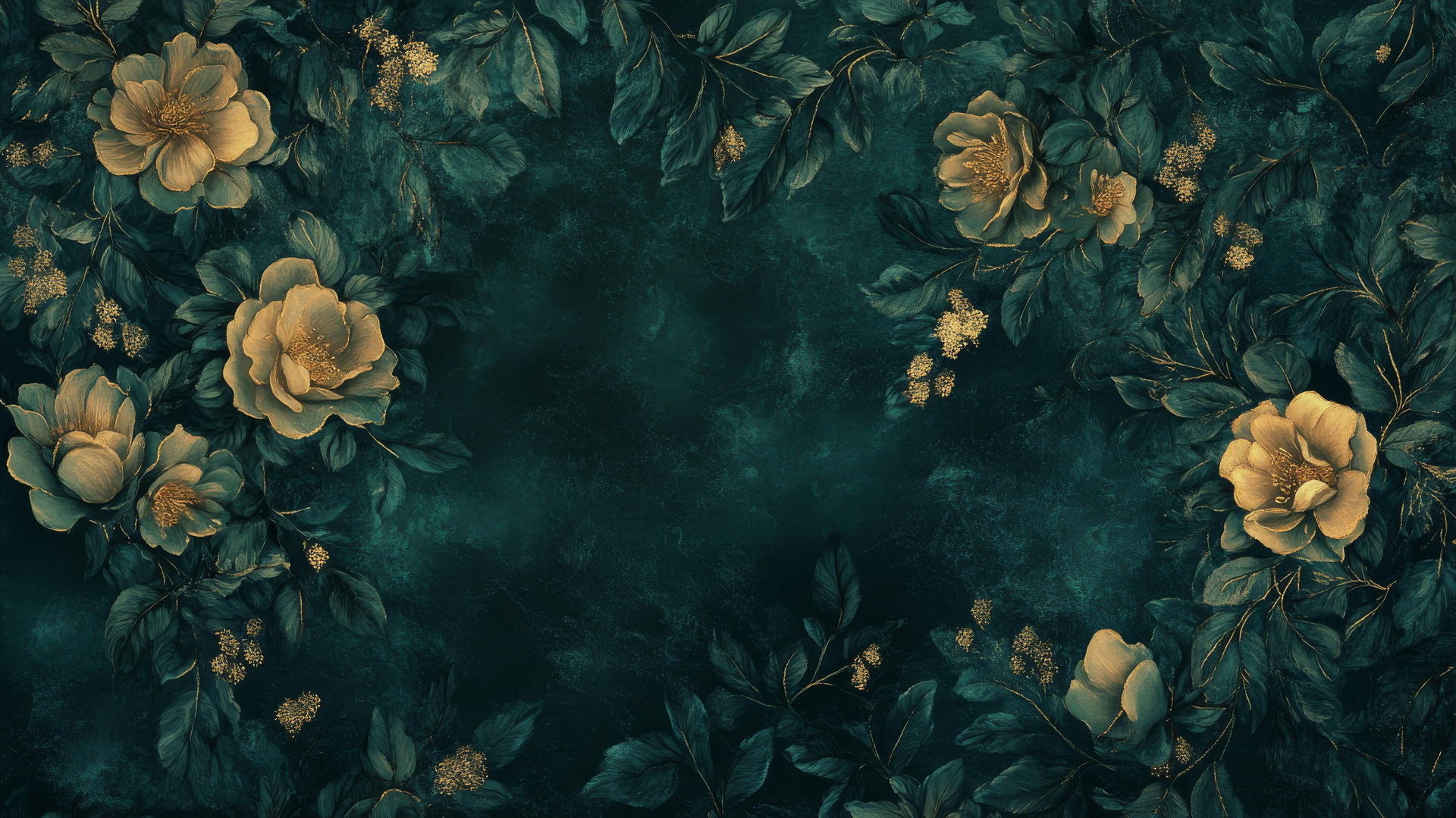 green floral wallpaper with intricate emerald and teal patterns, dark background, and gold highlights