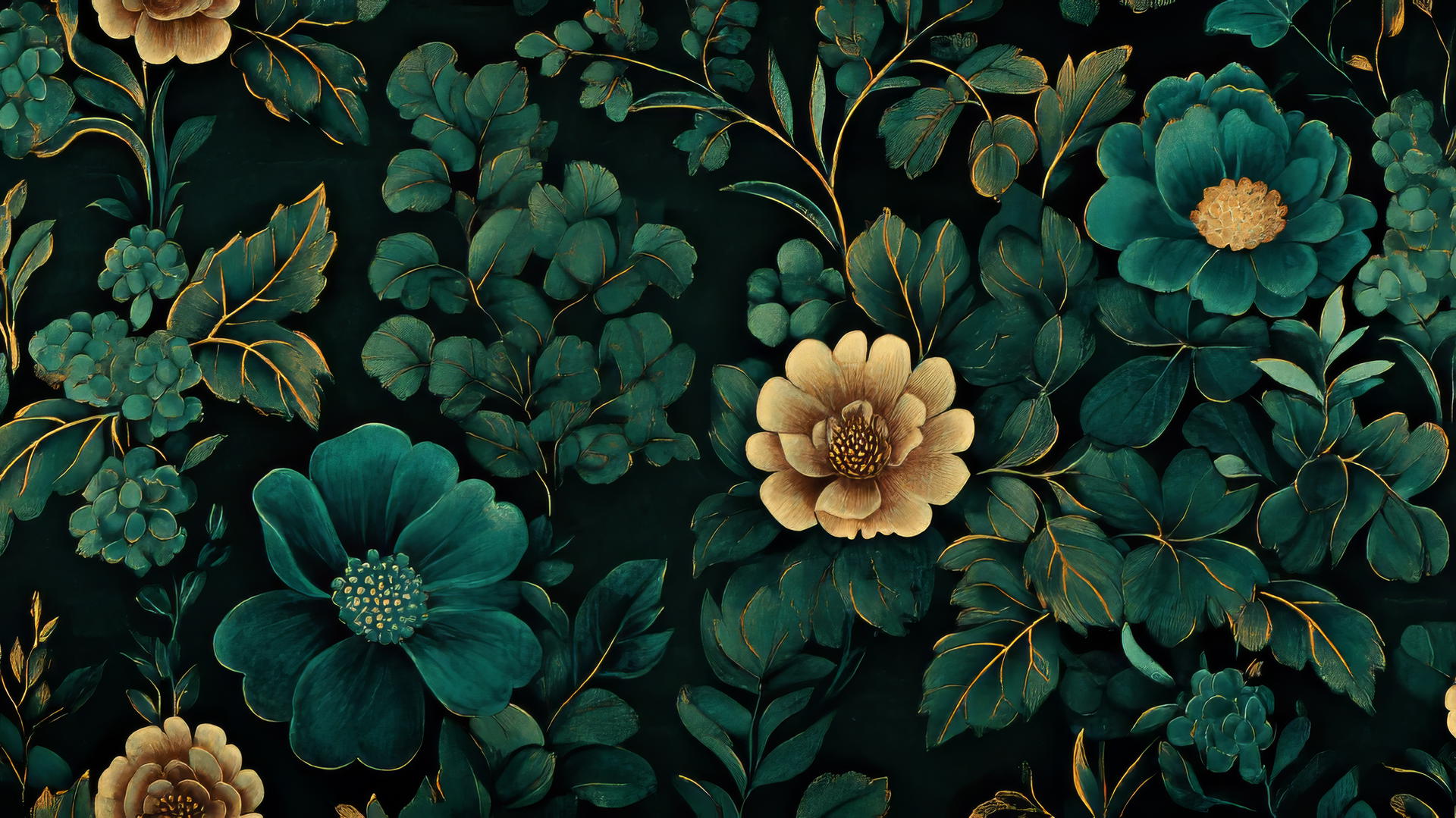 Luxurious green floral wallpaper with dark background and gold accents