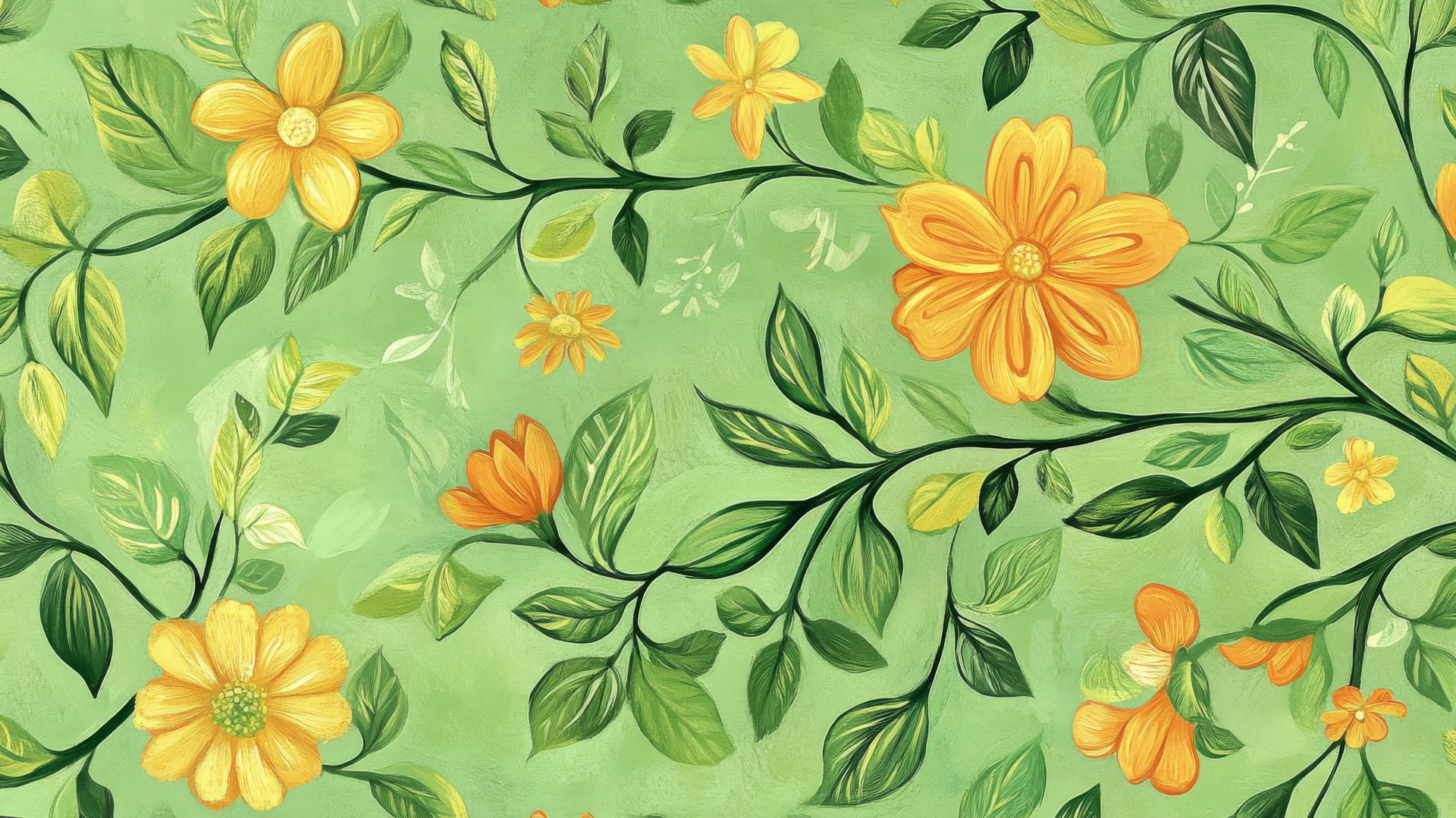 Green floral wallpaper with cartoon-style flowers and vines