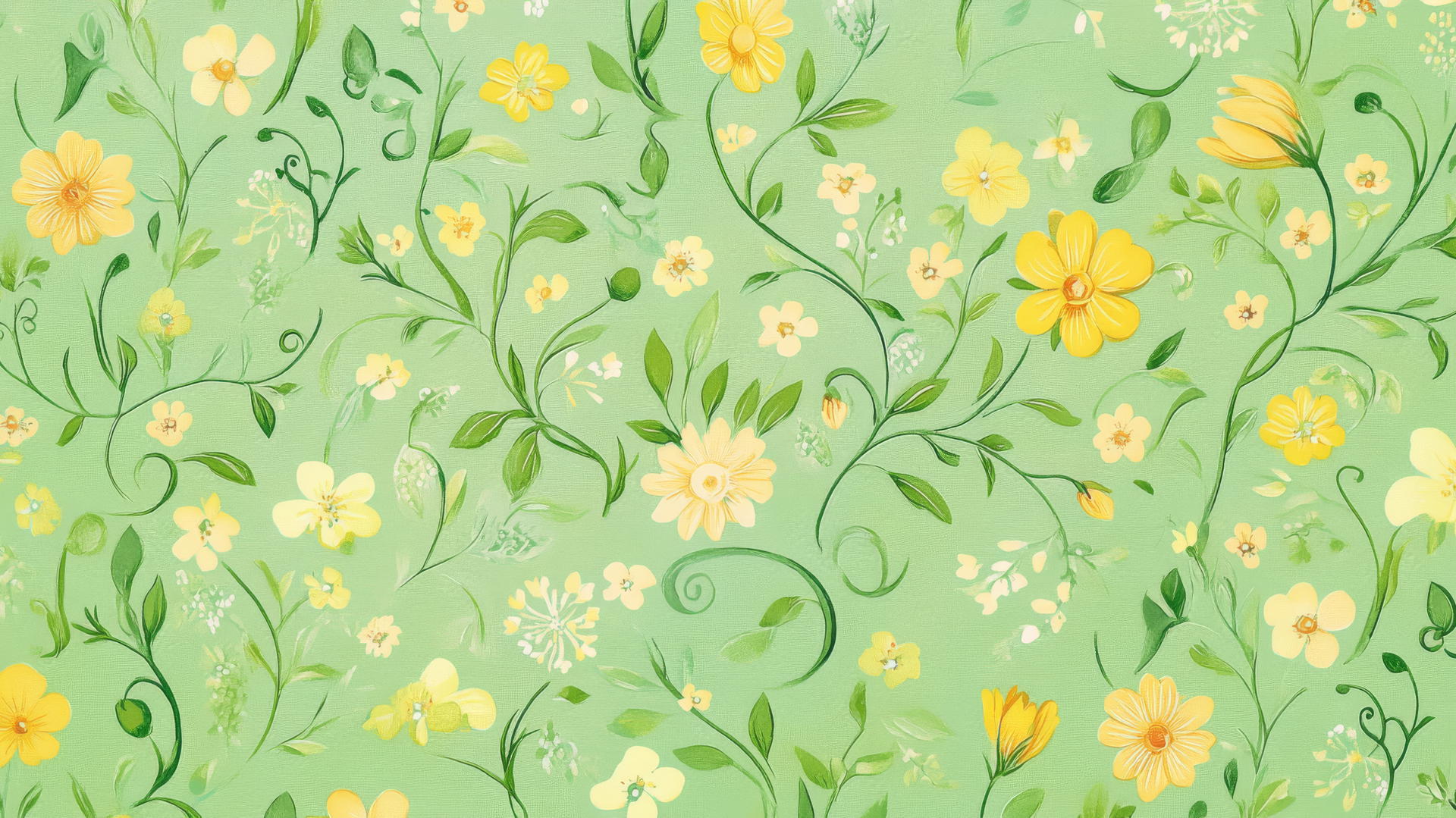 green floral wallpaper with cartoon-style flowers and vibrant vines