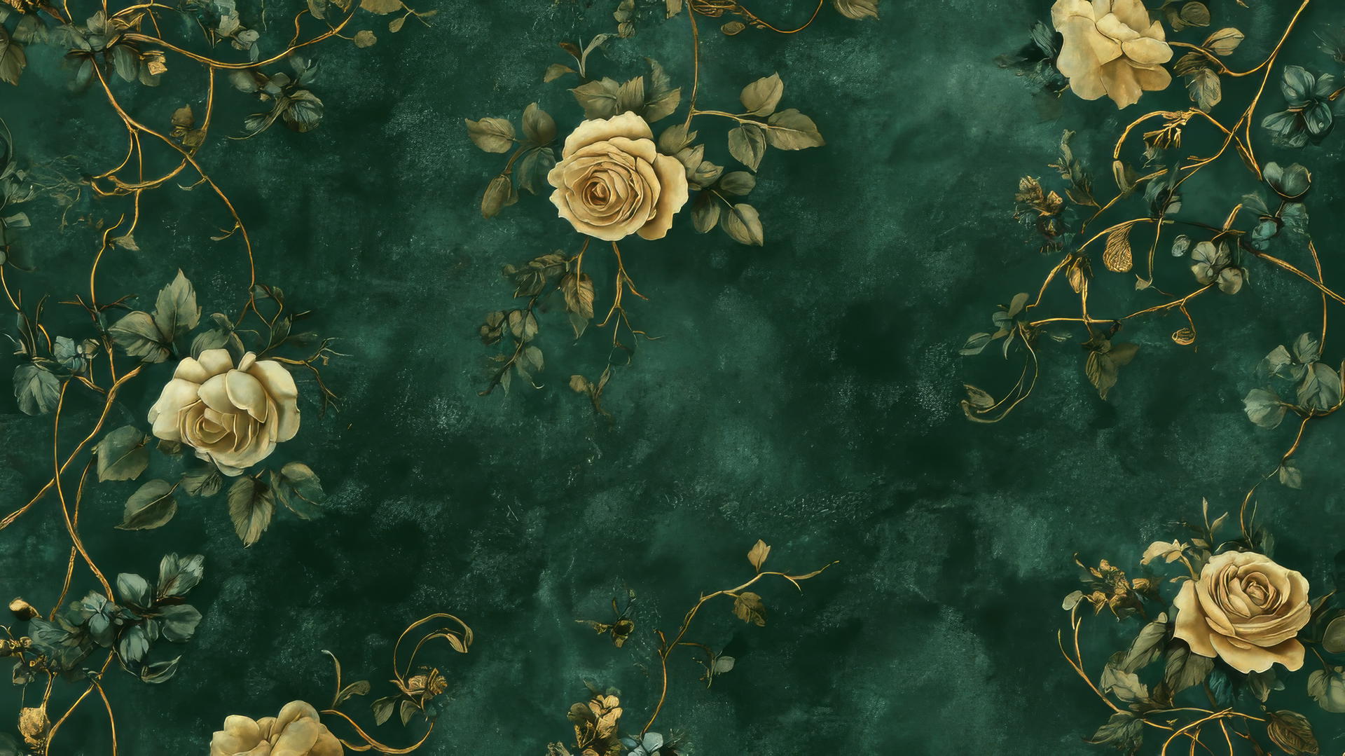 Green floral wallpaper with gold outlines of roses and vines on emerald background