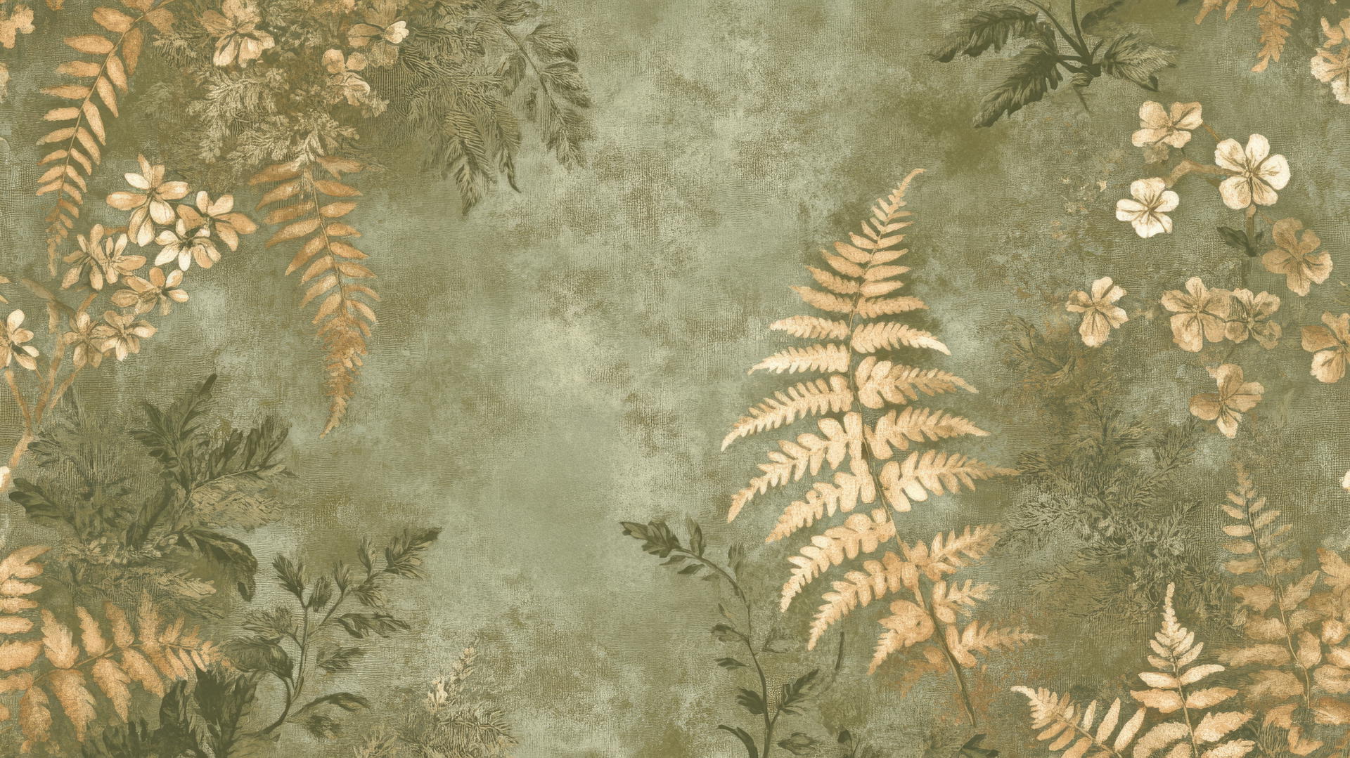 Rustic green floral wallpaper with fern leaves and small flowers on aged paper.