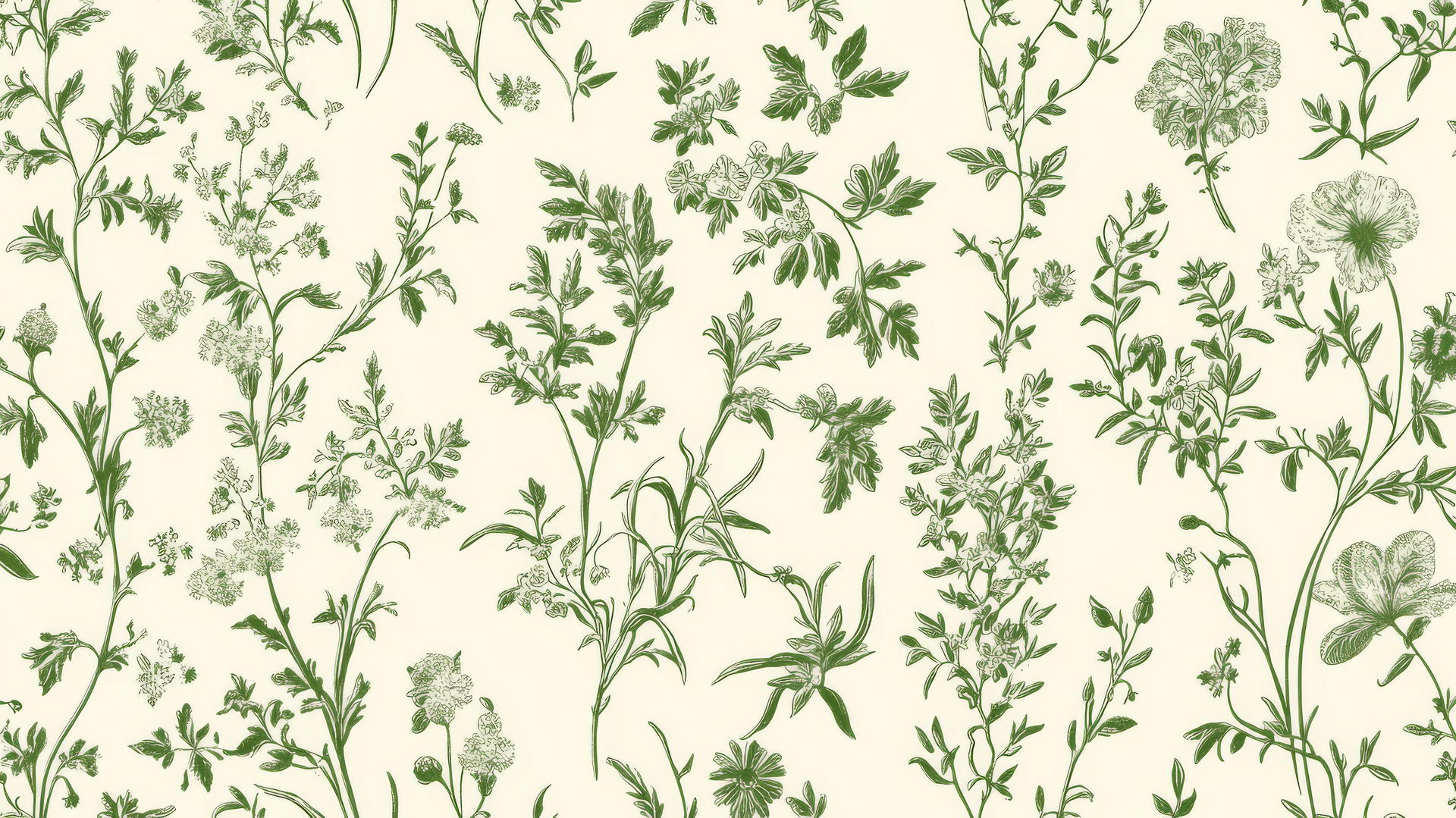 green floral wallpaper with delicate hand-drawn wildflowers on cream background