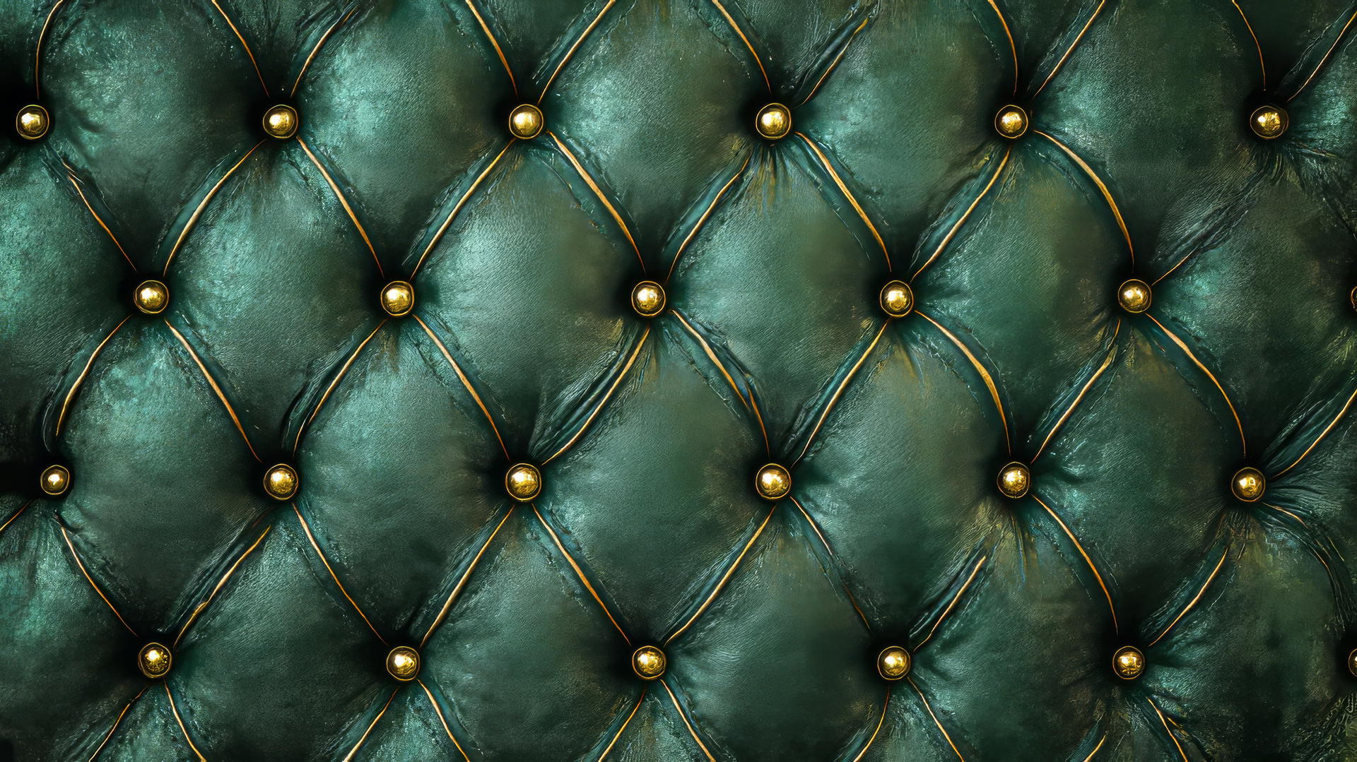 emerald green wallpaper with quilted leather texture and golden buttons