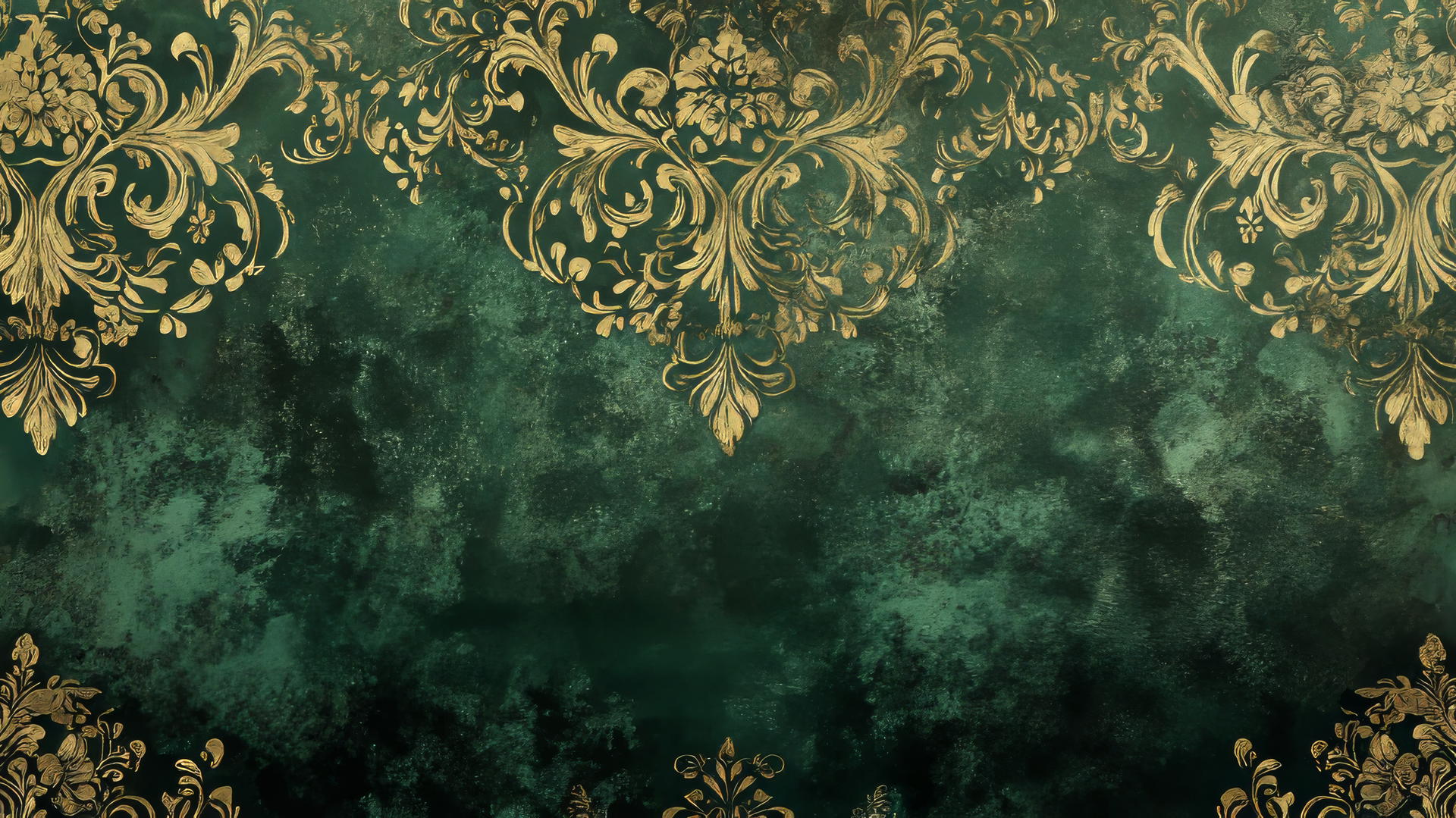 Elegant emerald green wallpaper with gold filigree patterns over a deep green background