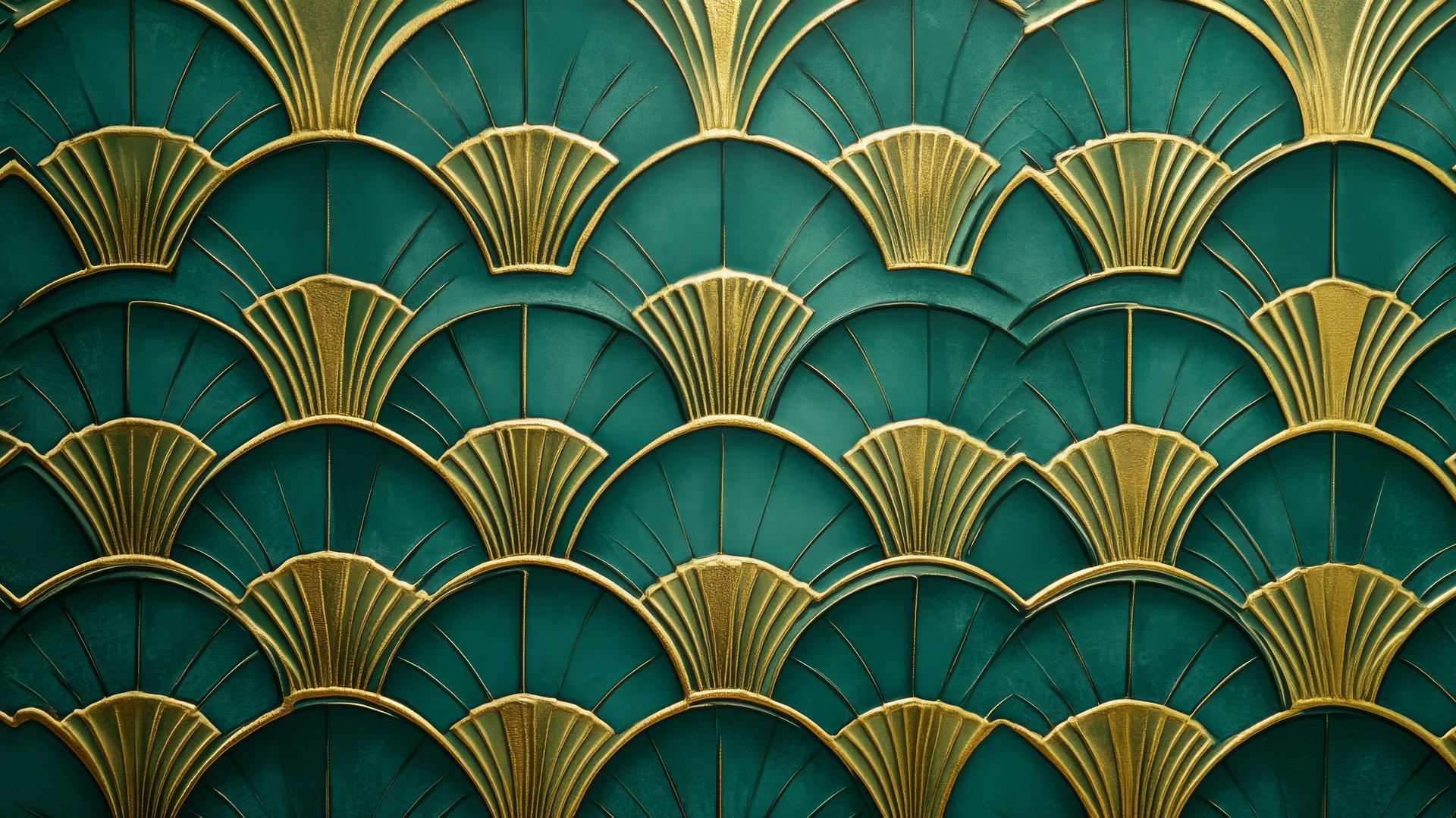 Glamorous emerald green wallpaper with art deco gold fan shapes