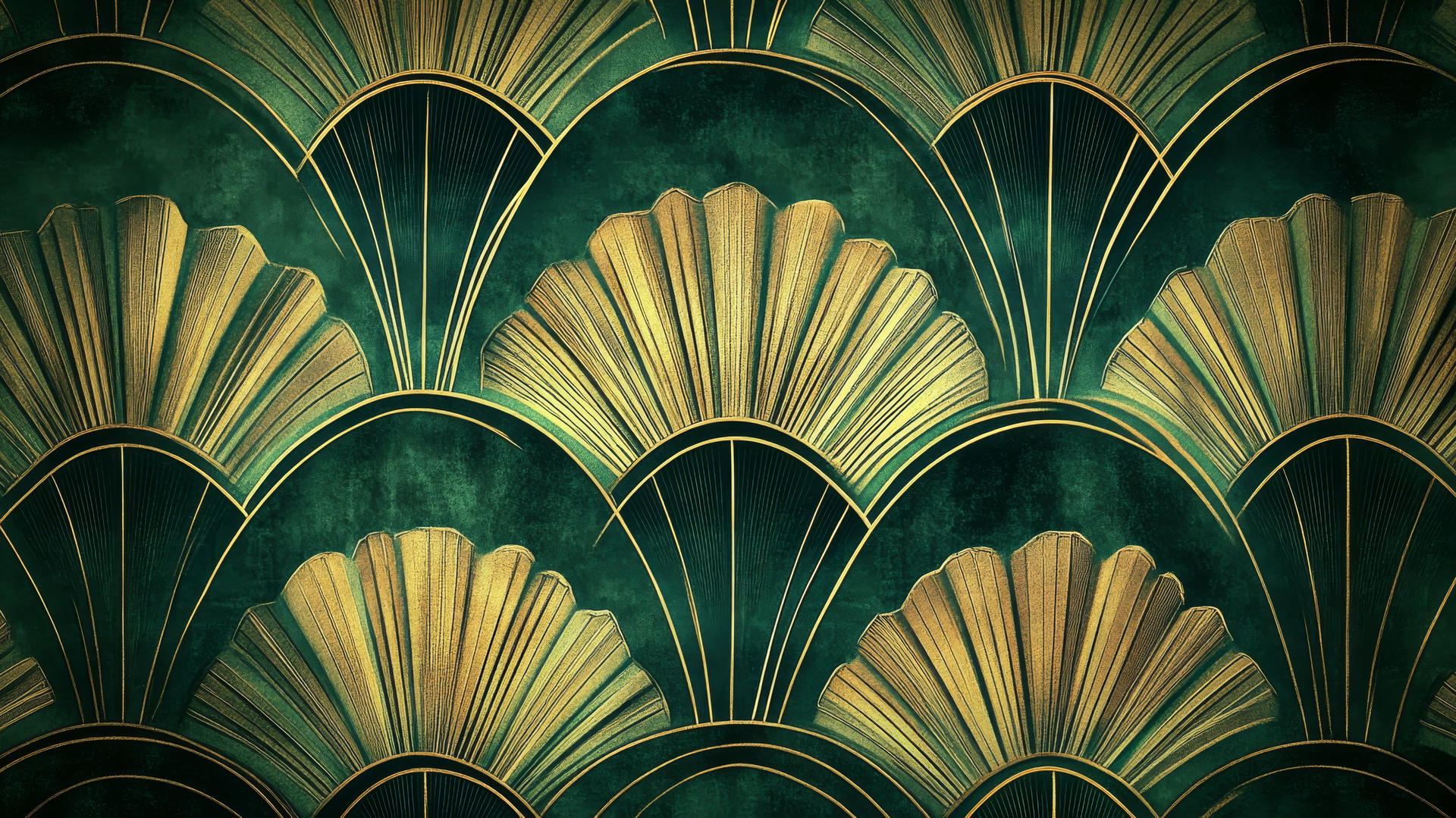 emerald green wallpaper with art deco-style gold fan motifs on a deep green background