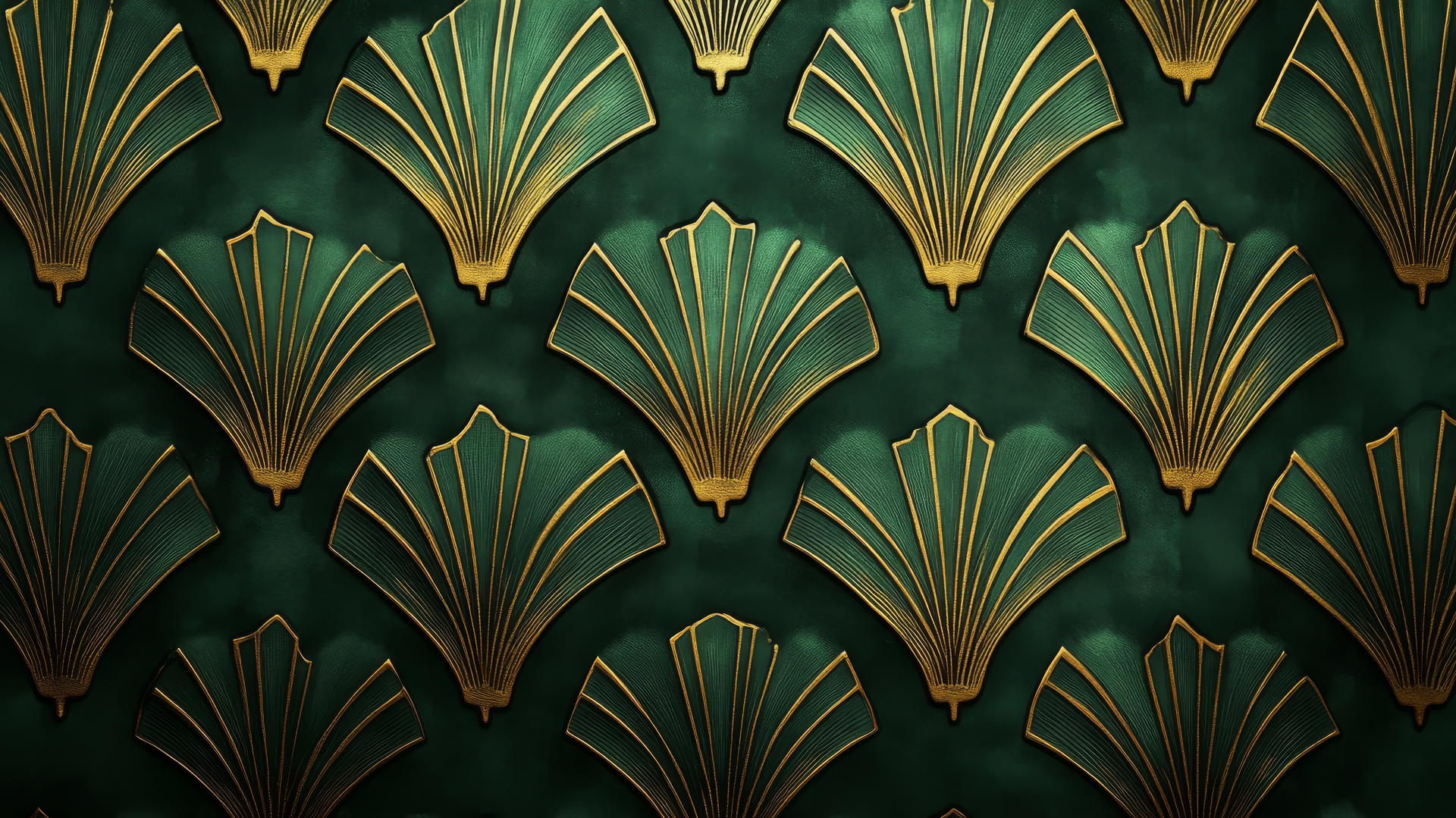 Glamorous emerald green wallpaper with gold art deco fan shapes
