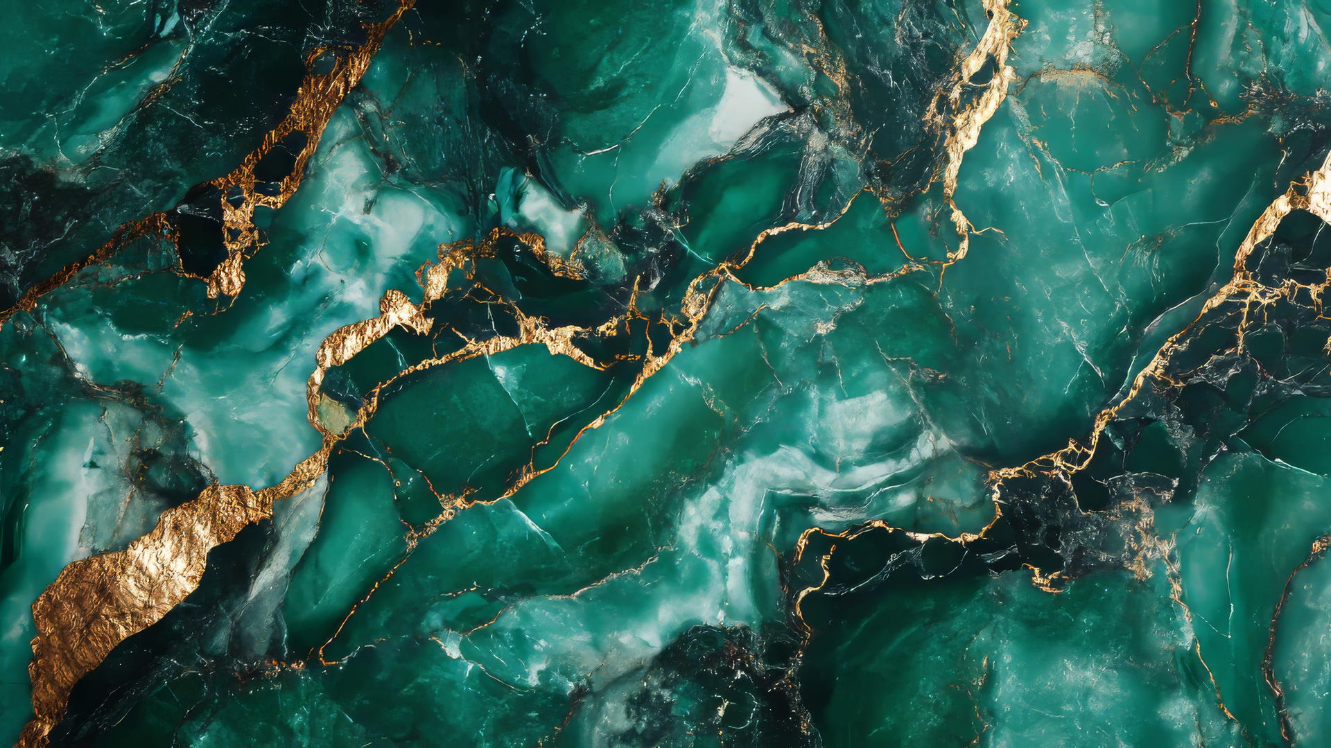 Luxurious emerald green wallpaper with marble texture, gold and white veins.