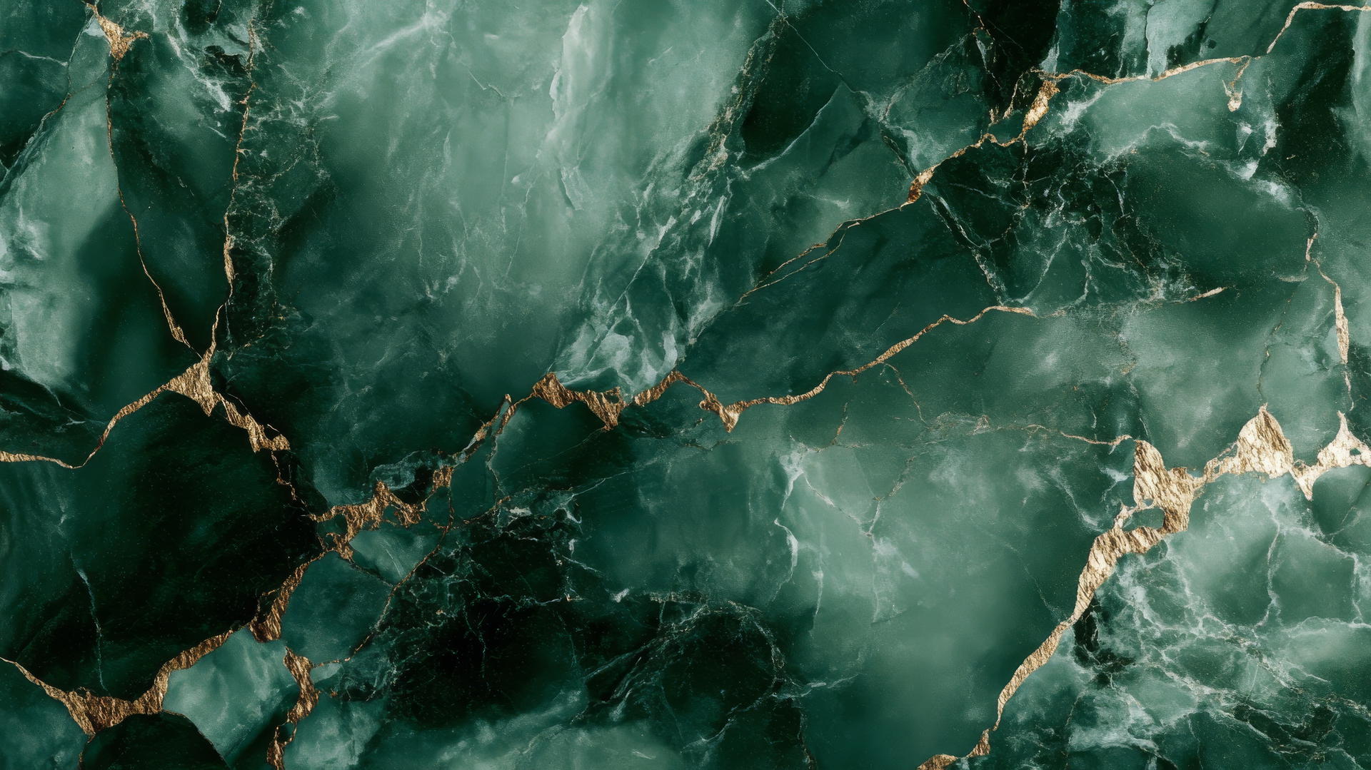 Luxurious emerald green wallpaper with marble texture, gold, and white veins