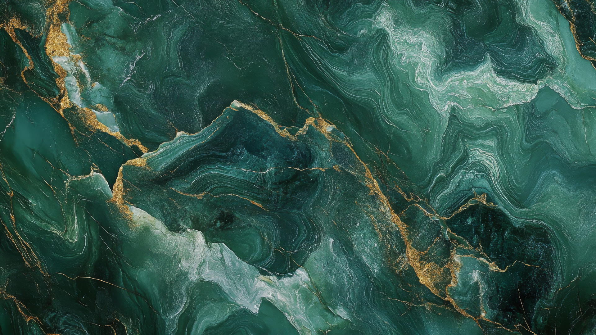 Luxurious emerald green wallpaper with gold and white marble veins