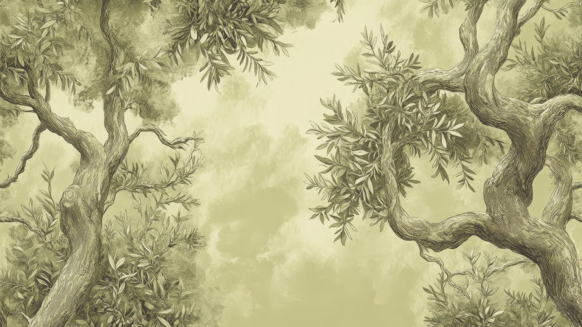 Olive green wallpaper with botanical illustration of ancient olive trees.