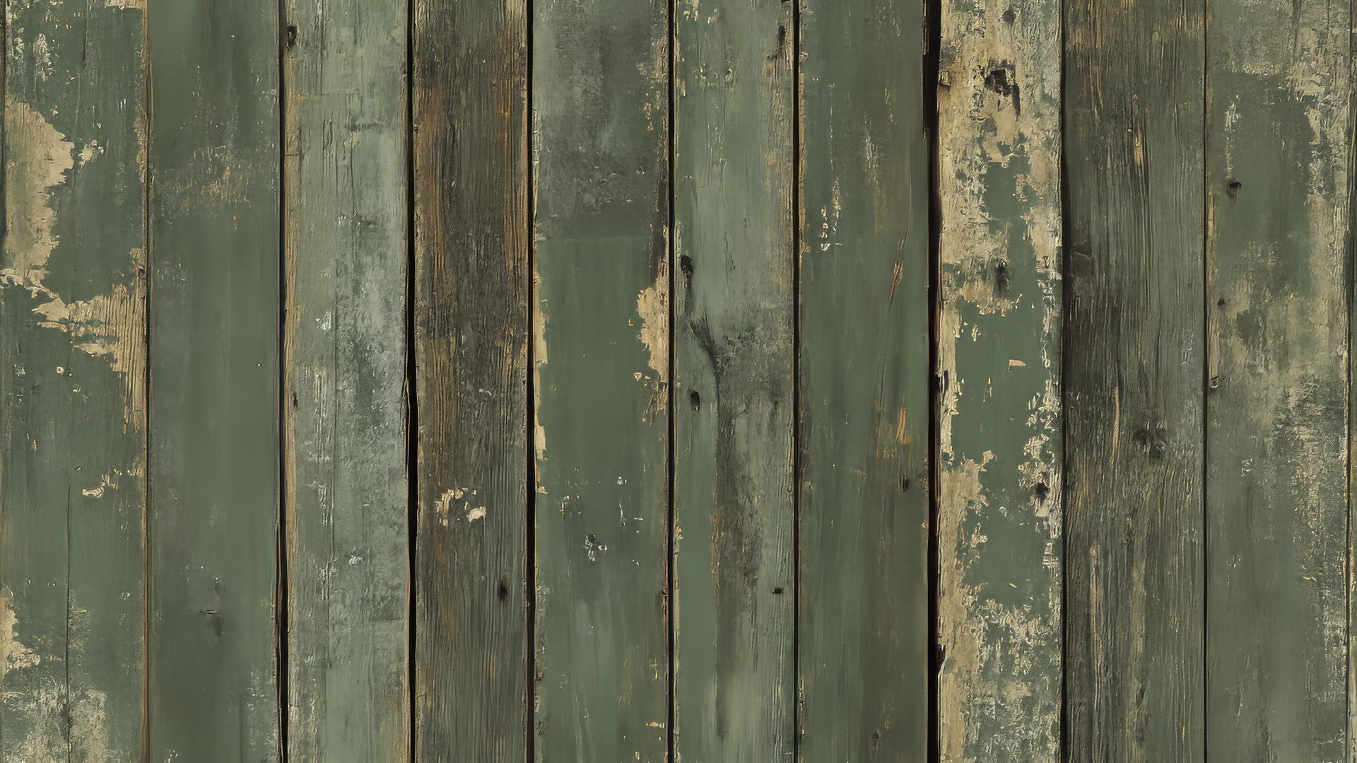 olive green wallpaper with distressed wood texture and chipped paint