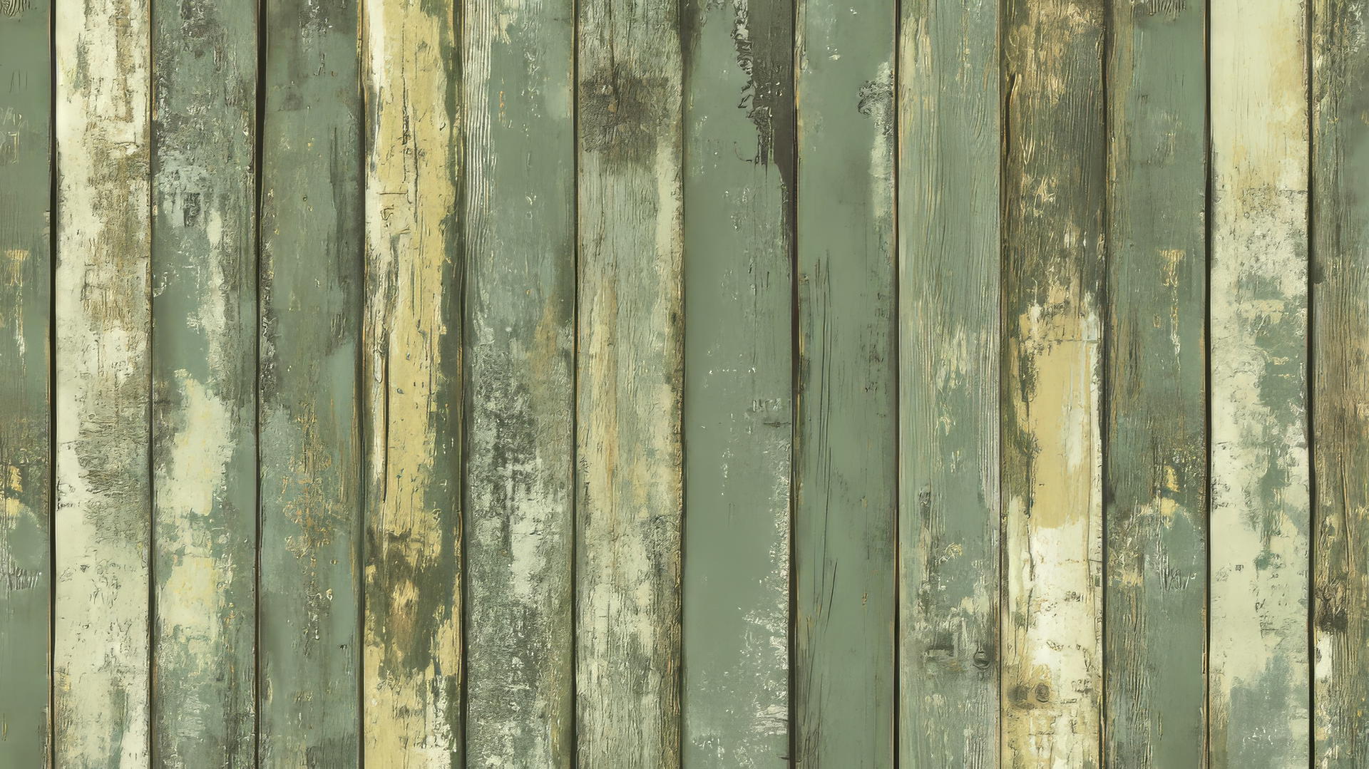 olive green wallpaper with distressed wood texture and chipped paint