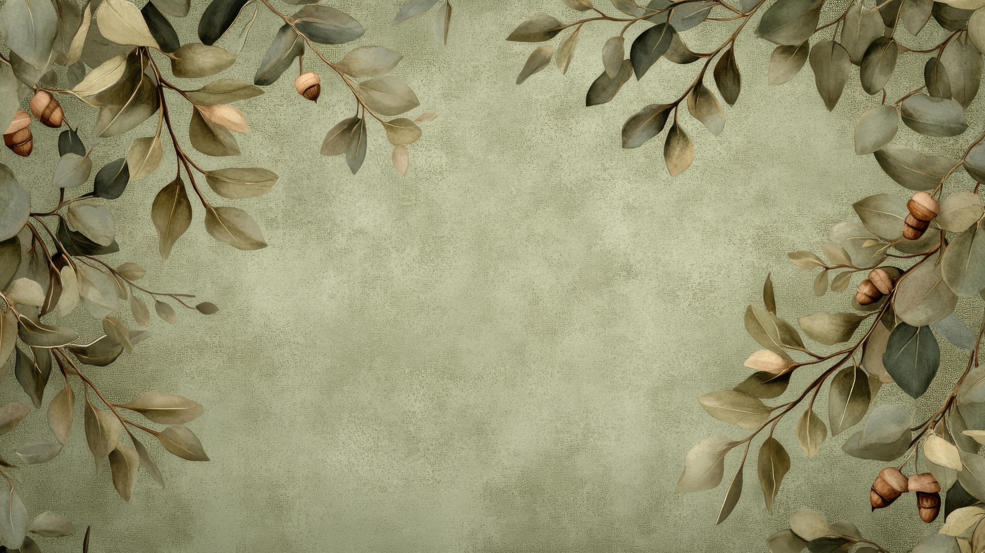A calming olive green wallpaper with hand-drawn eucalyptus leaves and acorns.