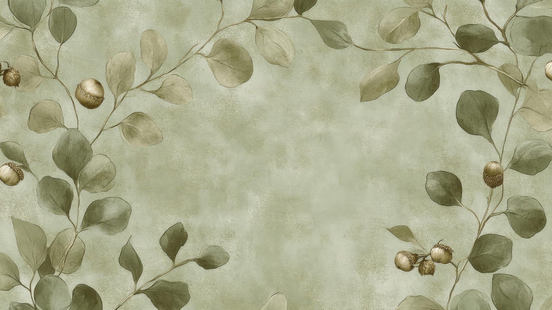 Olive green wallpaper with hand-drawn eucalyptus leaves and acorns
