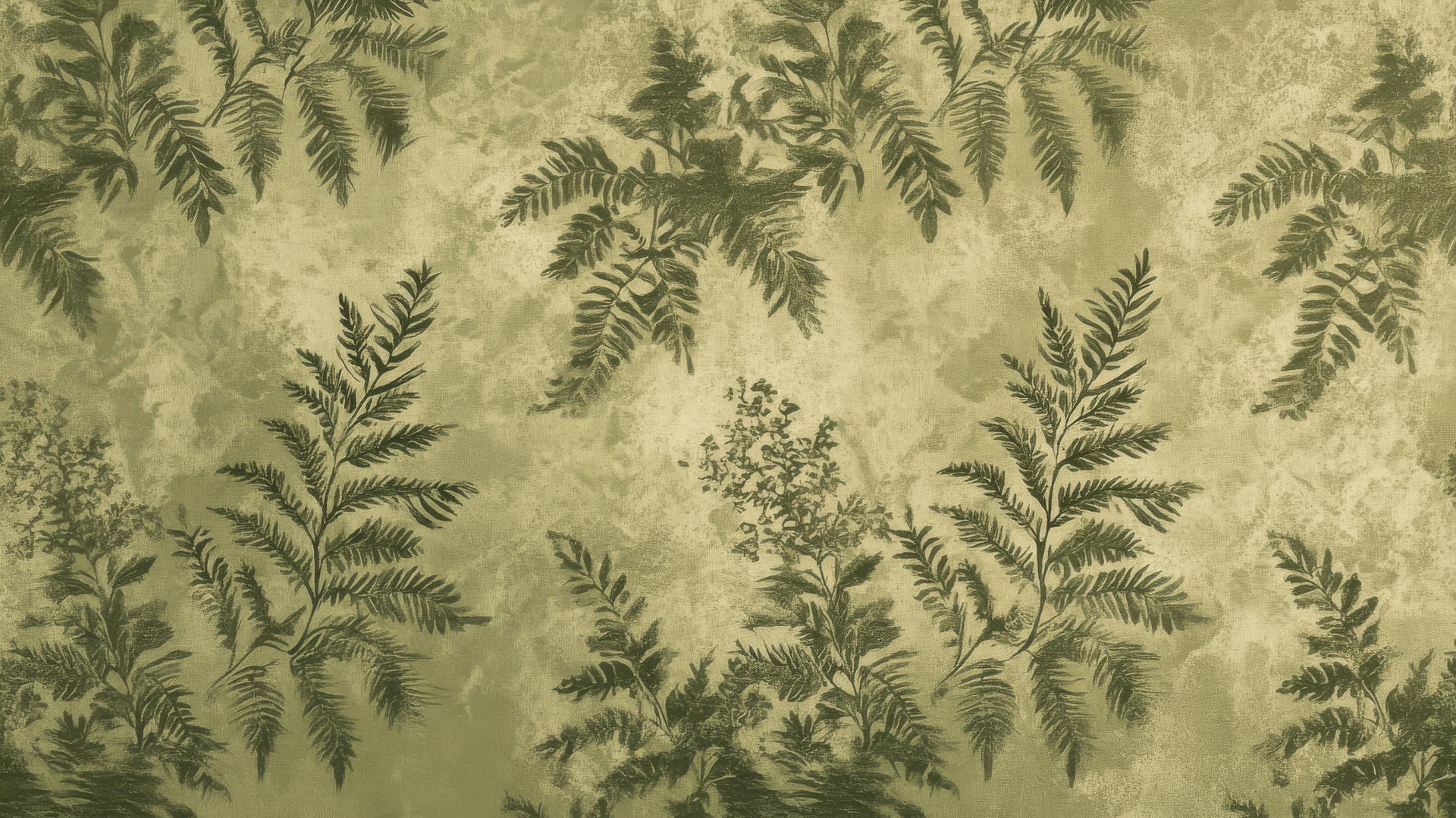 Olive green wallpaper with overlapping ferns and vines