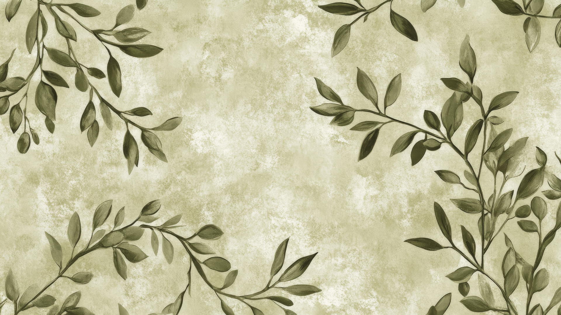 olive green wallpaper with delicate hand-drawn olive branches and leaves
