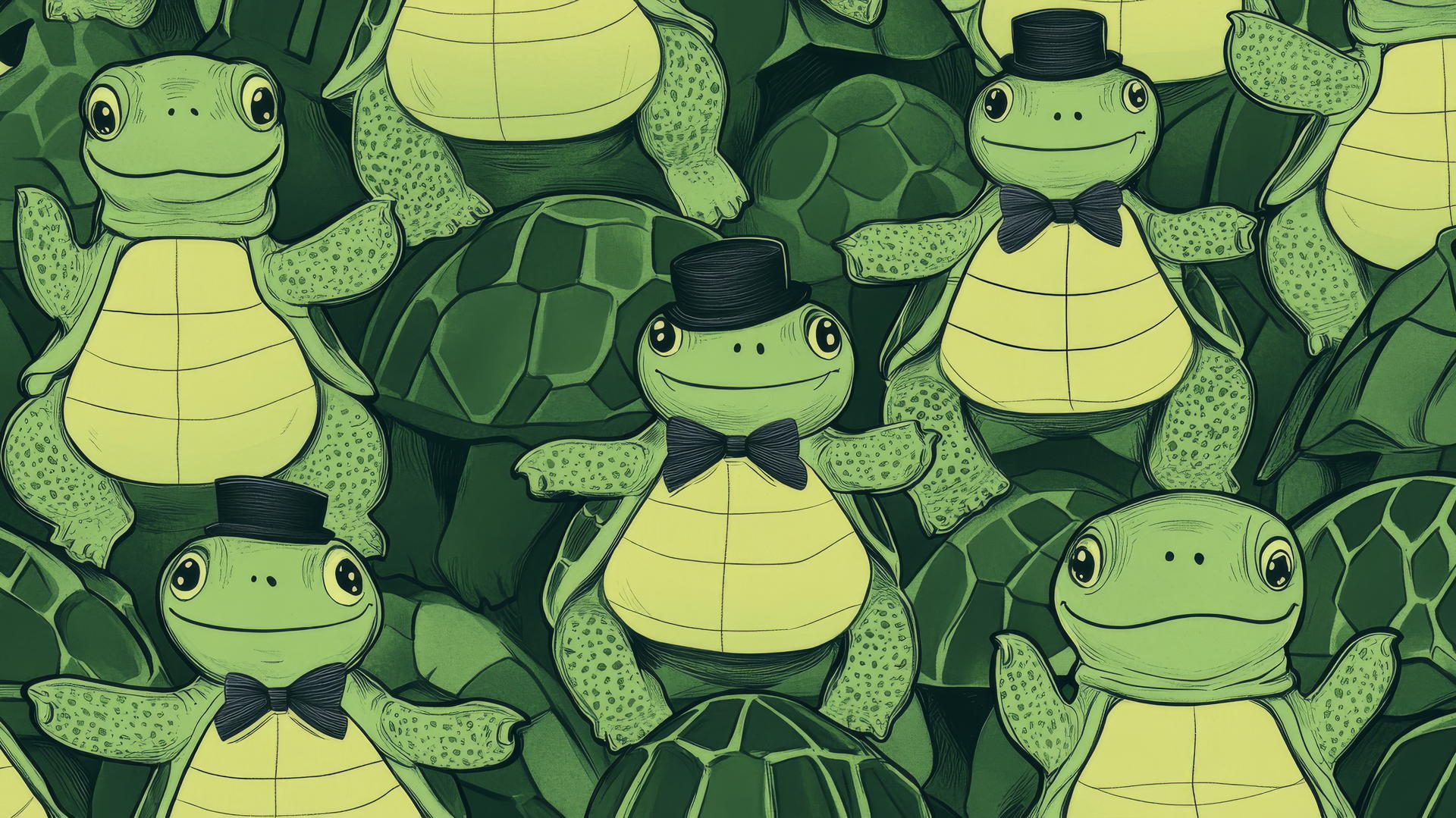 cute green wallpaper with tiny hand-drawn turtles wearing hats and bow ties