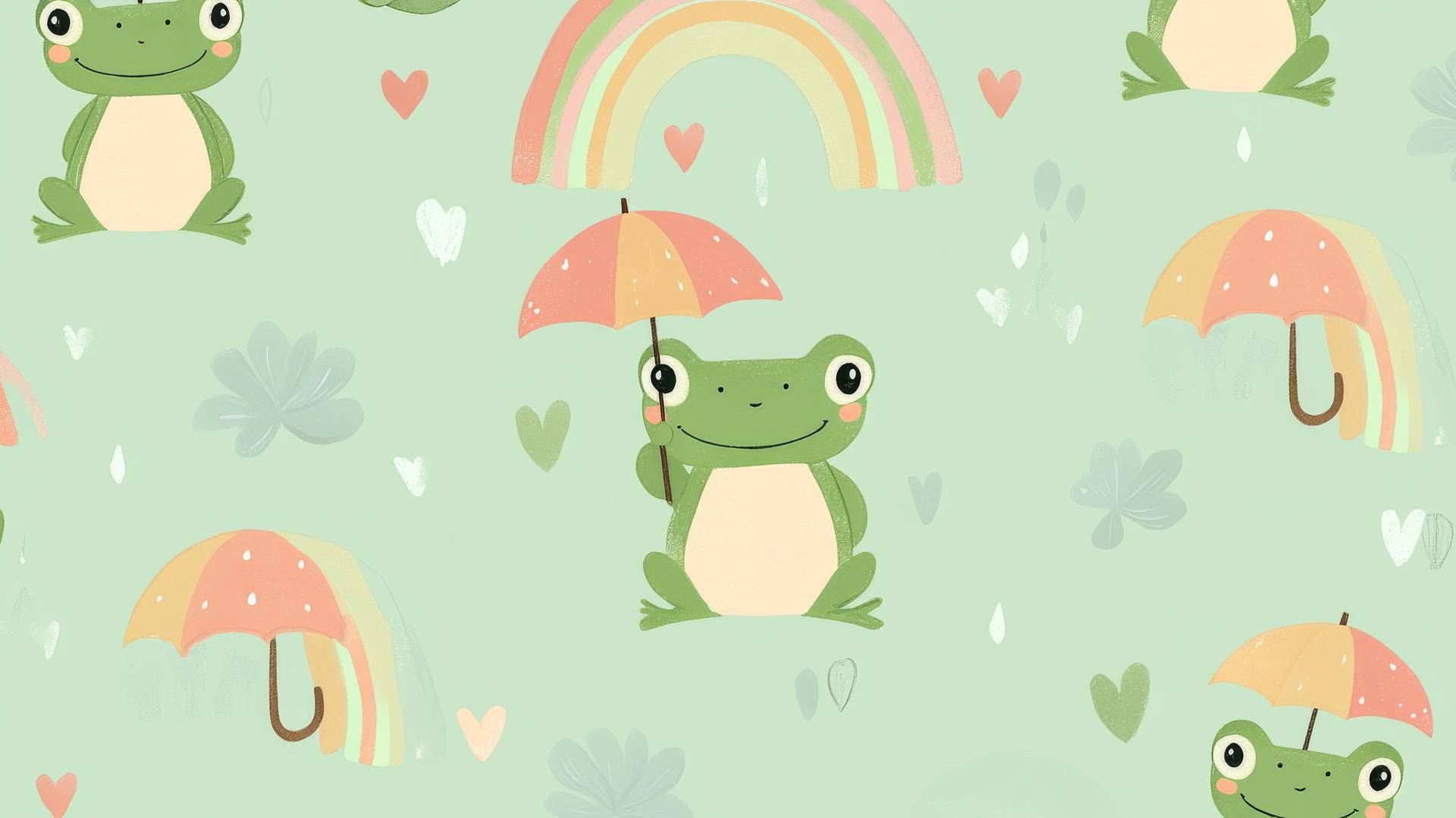 cute green wallpaper with pastel rainbows and cartoon frogs holding umbrellas